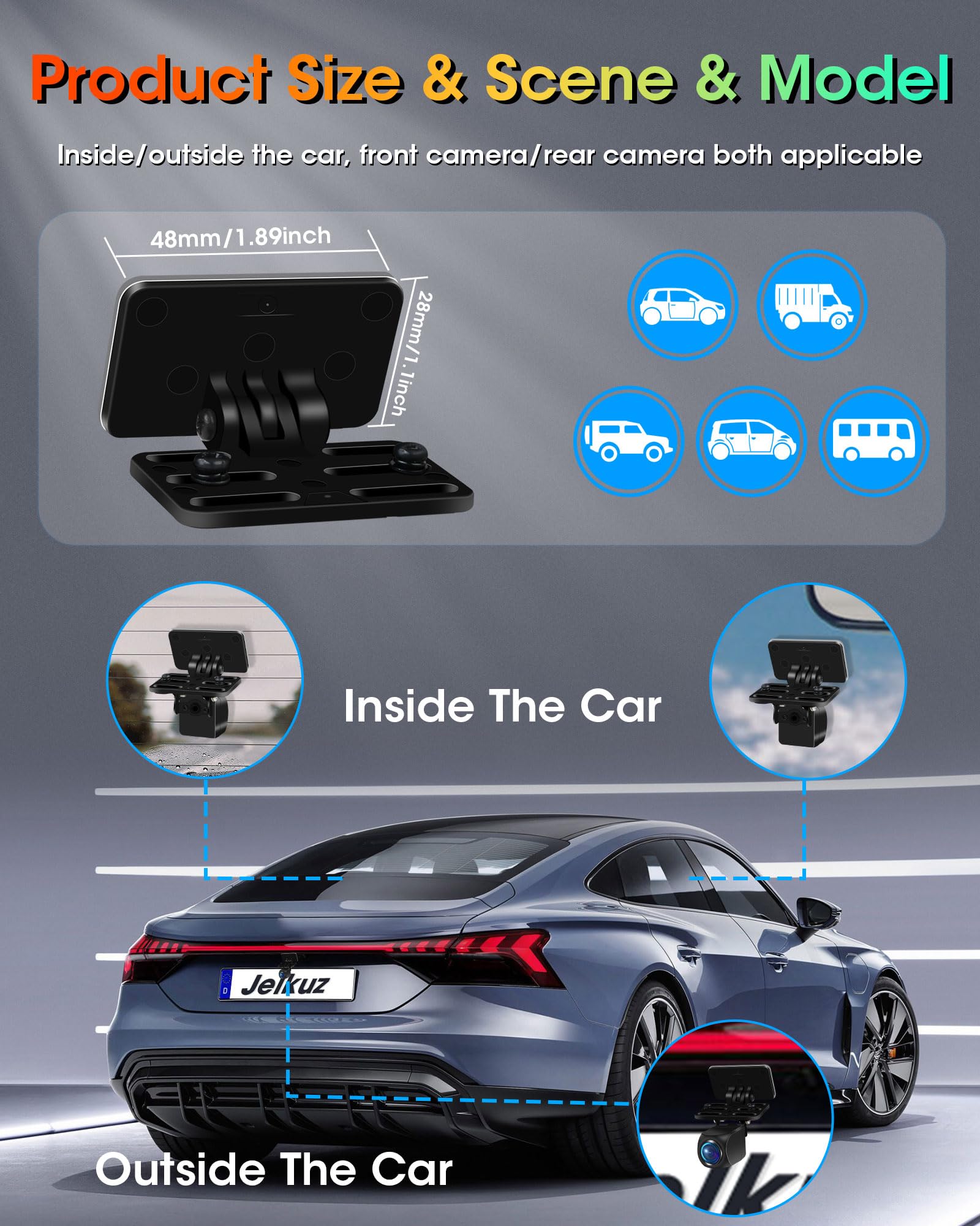 Jelkuz Rear Camera Holder for Dash Cam - 180° Adjustable Bracket, Strong Adhesive, Black-Plastic, Model ZJ-1
