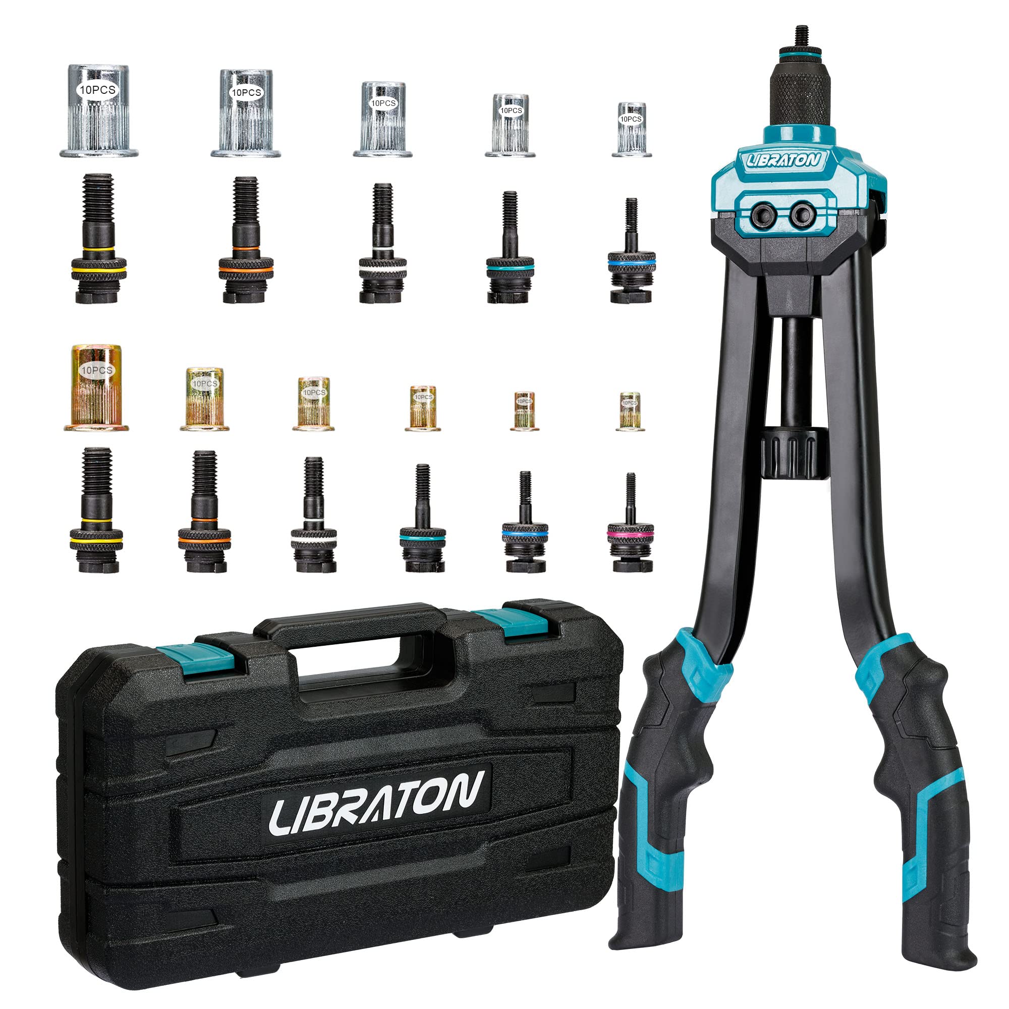 Libraton 16'' Rivet Nut Tool, Rivet Nut Gun, Hand Rivet Nut Setter With 110Pcs Rivet Nuts, 11Pcs Metric & Sae Interchangeable Ma