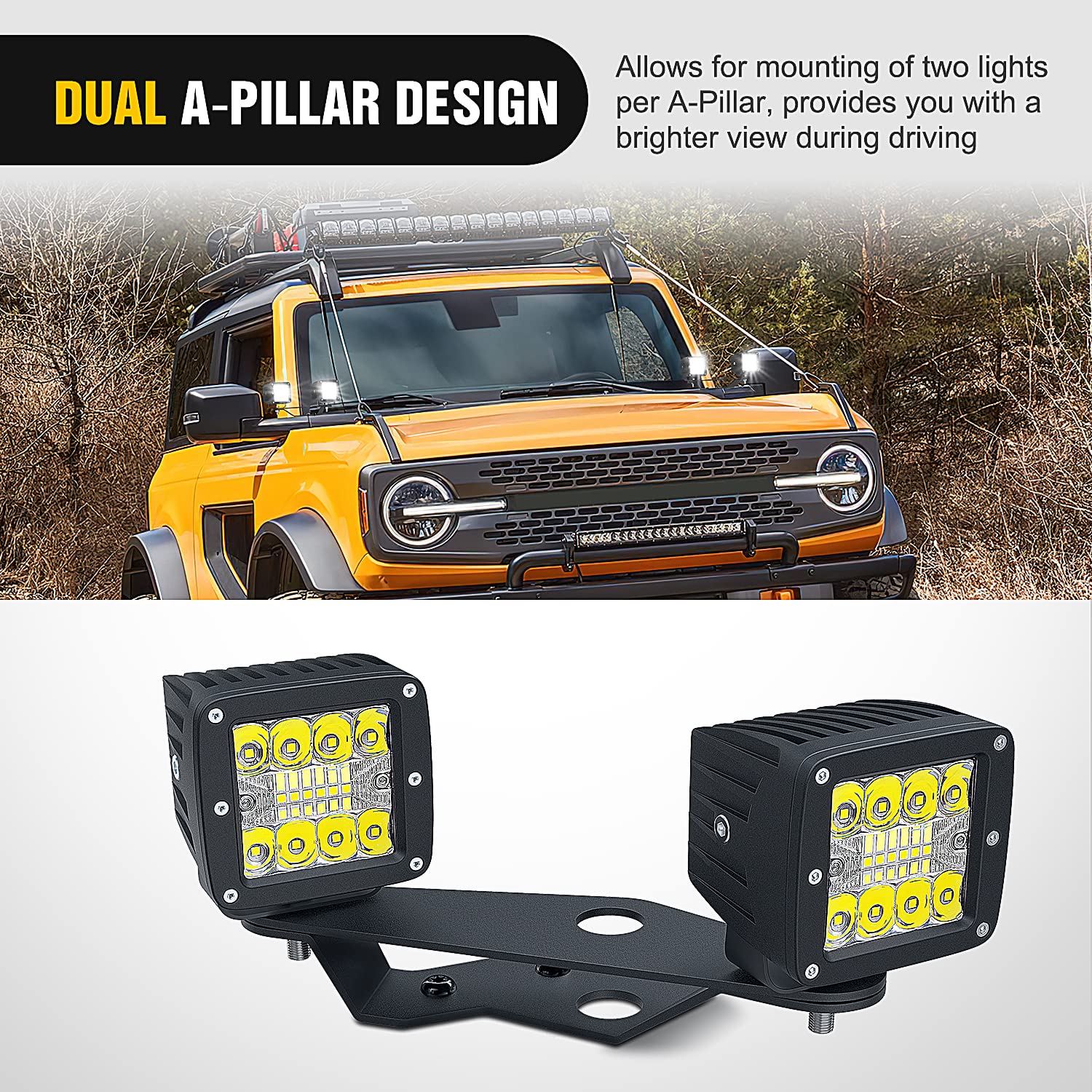 Nilight 2Pcs Lower Windshield Hinge Mounting Brackets Dual A-Pillar Brackets For Offroad Led Fog Light Pods For 2021 2022 2023 2