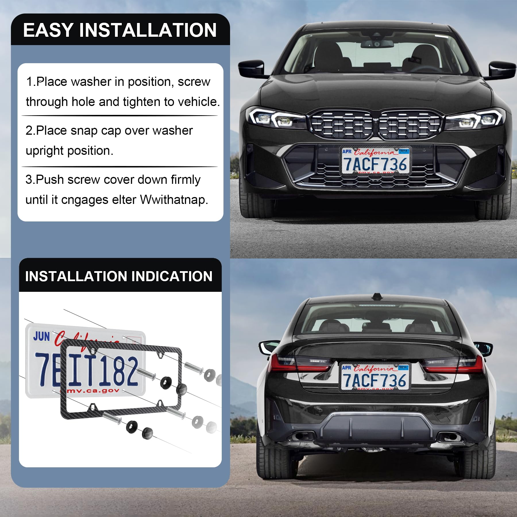 Livtee Carbon Fiber License Plate Frames, 4 Holes Stainless Steel License Plate Covers, 2Pcs Car License Plate Holder, Automotiv