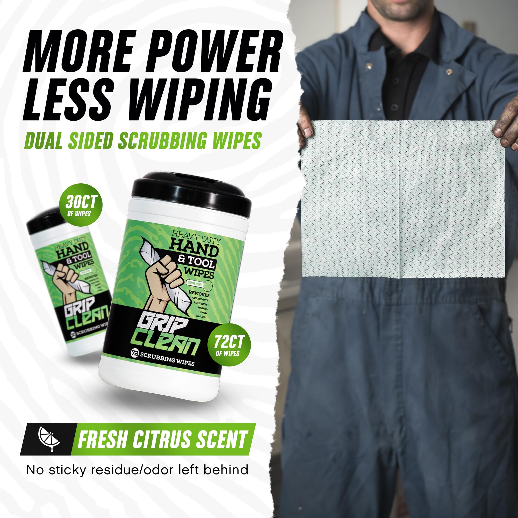 Grip Clean Cleaning Wipes – Hand Cleaner For Mechanics, Heavy-Duty Hand Wipes For Grease & Oil, Cleaning Wipes All Purpose For Tools & Surfaces, Waterless Hand Cleaner, Citrus Scented (72Ct)