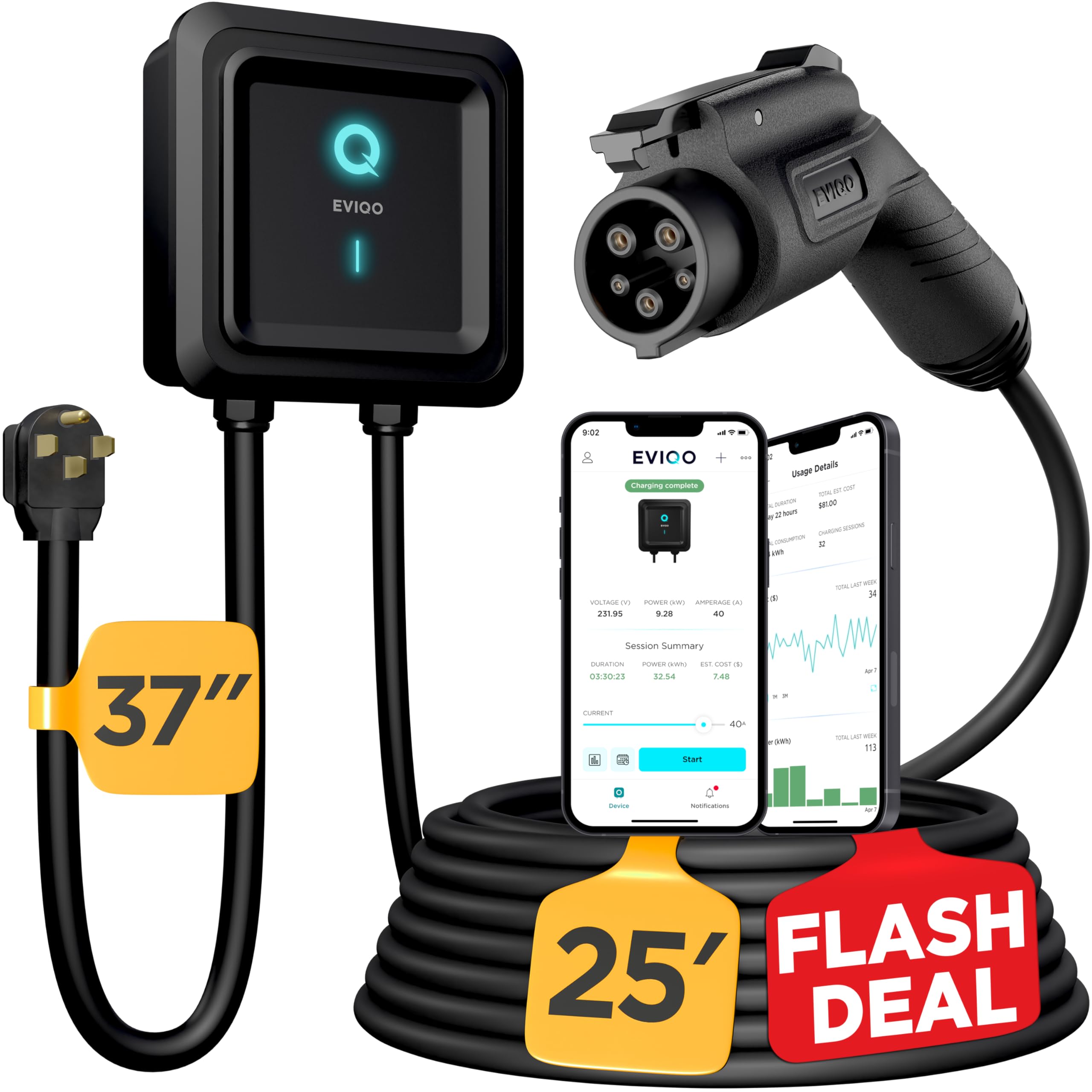 Eviqo Level 2 Ev Charger - 48 Amp Ev Charger Level 2-240V Electric Vehicle Charging Stations - Smart Wall Ev Chargers For Home L