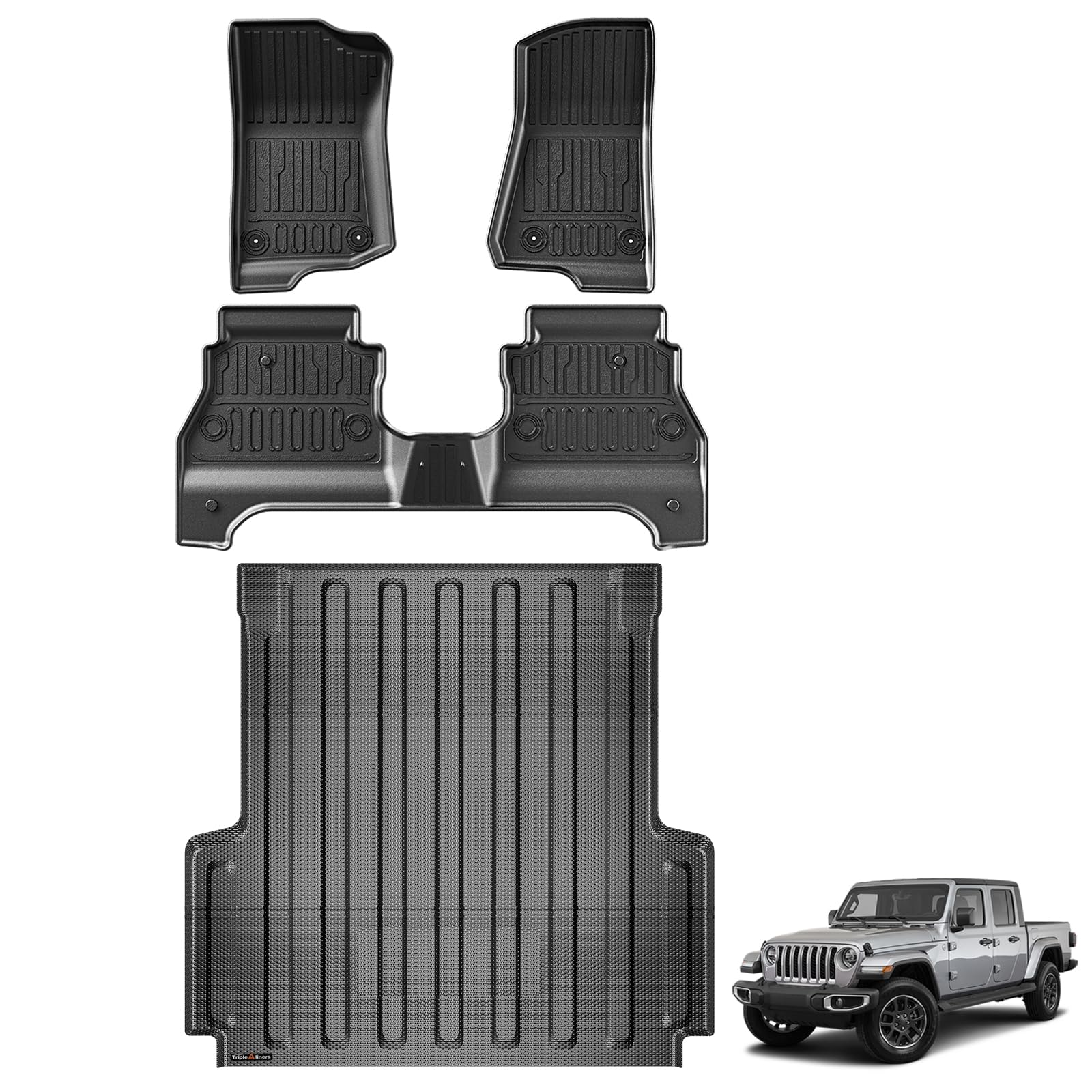 Triplealiners Truck Bed Mat & Floor Mats Front Rear Full Set Compatible With 2020-2025 Jeep Gladiator Accessories All Weather Jt