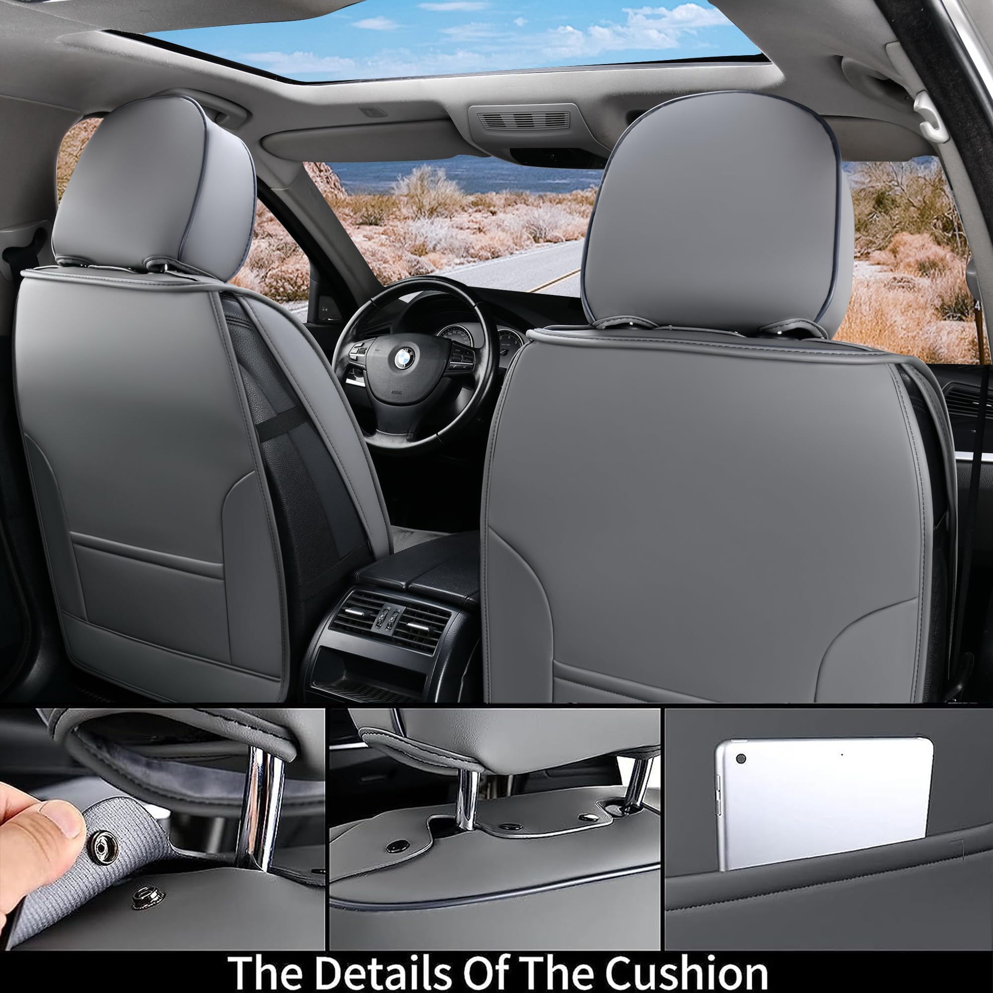 Coverado Car Seat Covers Full Set, 5 Seats Waterproof Leather Seat Covers For Cars, Gray Seat Covers, Universal Seat Covers Front Seat And Back, Car Seat Protectors Car Seat Cushions Fit For Most Cars