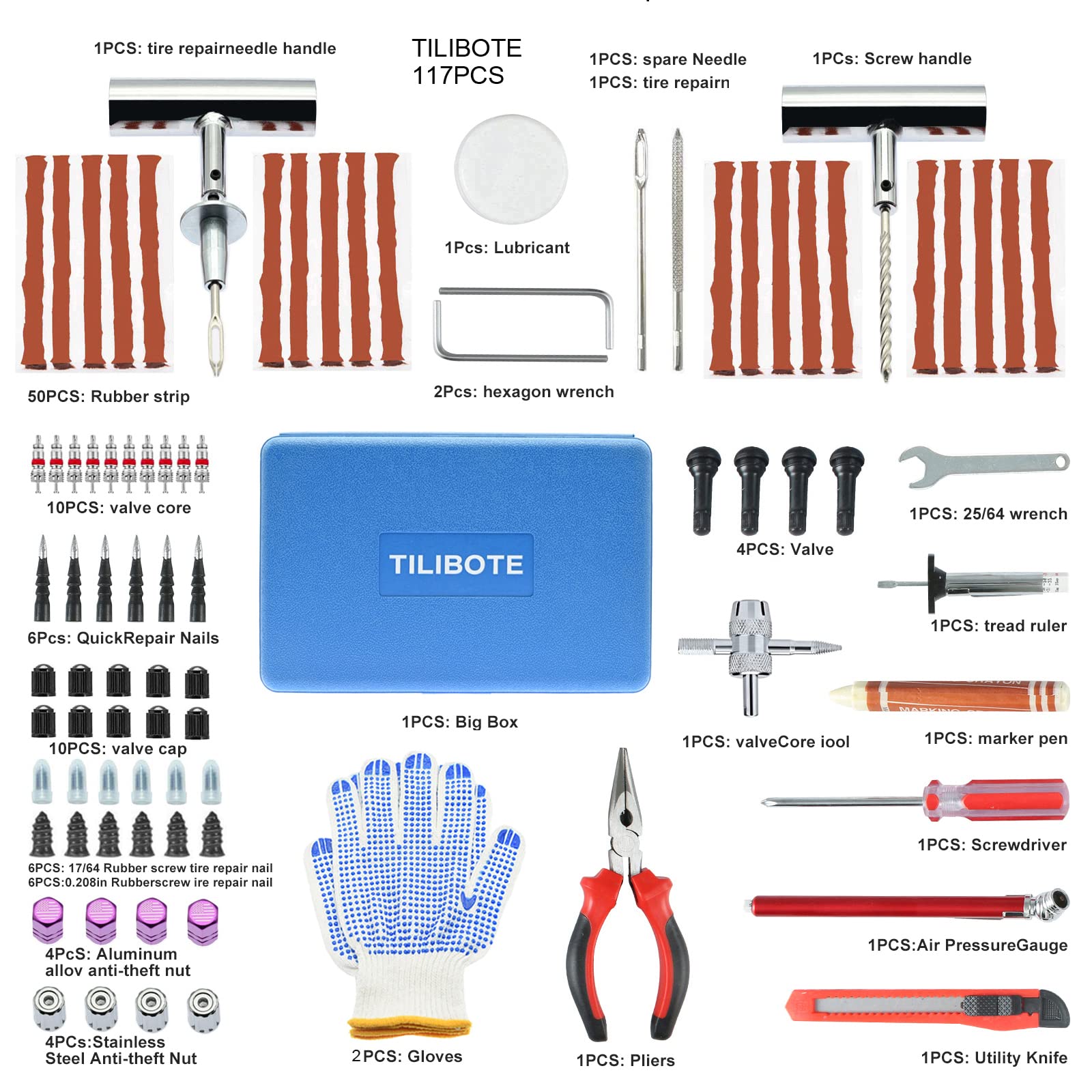 TILIBOTE Tire Repair Kit,117pcs Heavy Duty Tire Plug Kit,with Universal Tire Patch Kit to Plug Flats for Car/Motorcycle/Truck/Tr