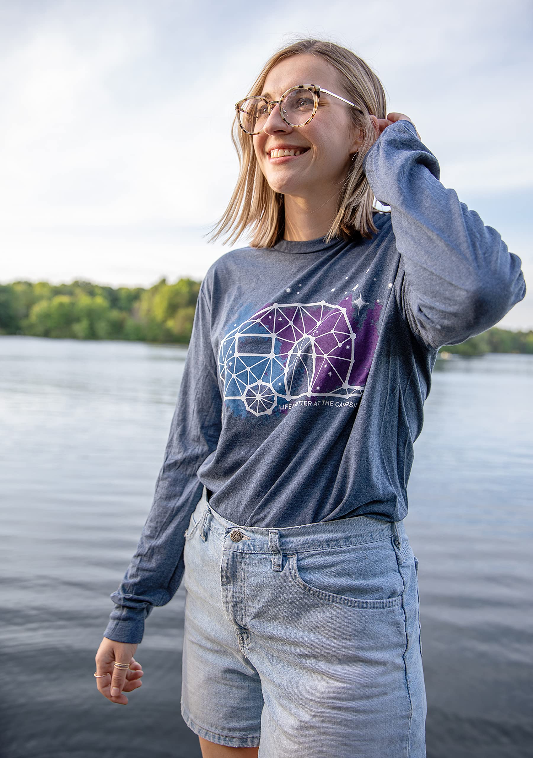 Camco Life is Better at The Campsite Crew Neck Long Sleeve T-Shirt | Features a Soft Tri-Blend Fabric, RV Constellation Design on Frosted Navy, and is Machine Washable | X-Large (53445)