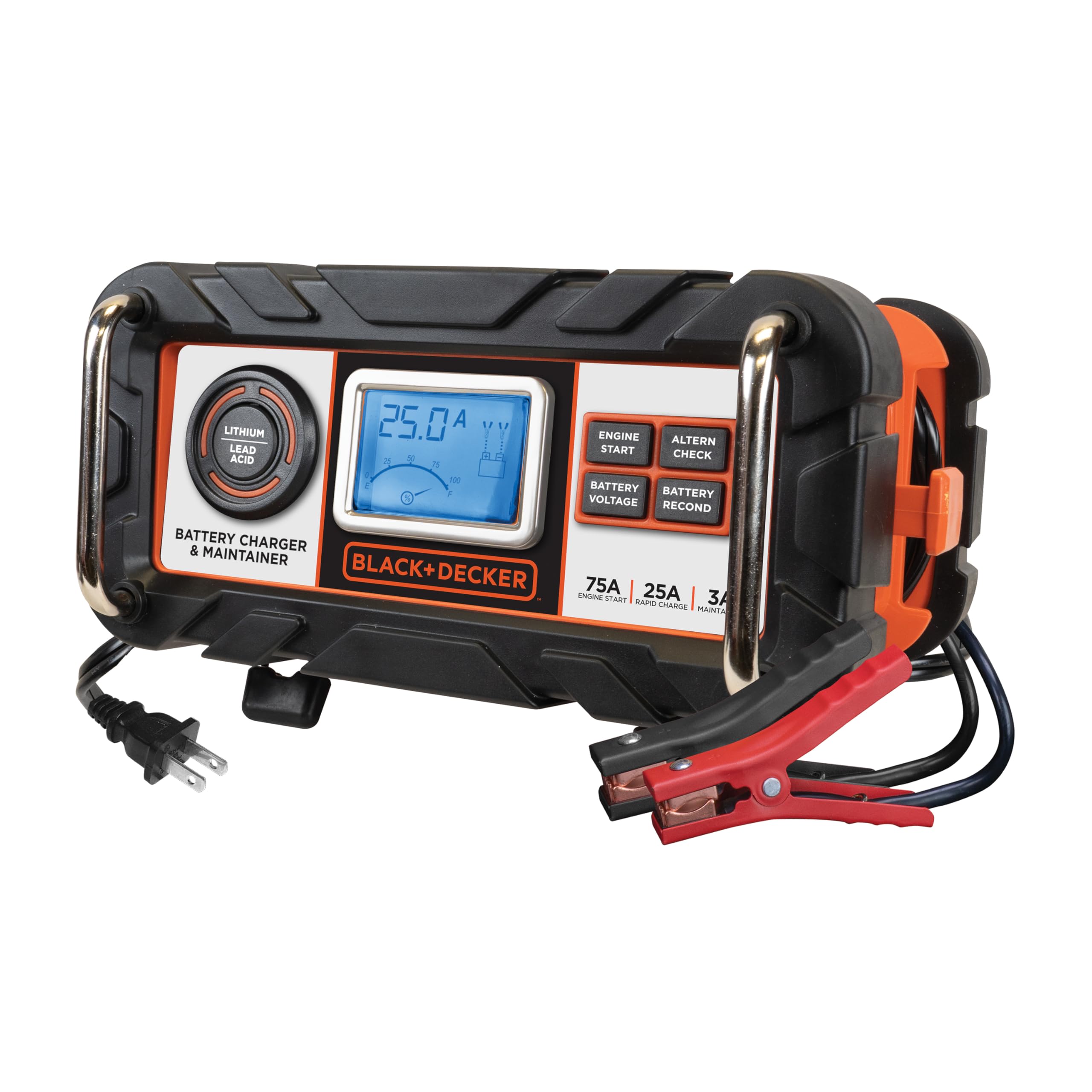 BLACK+DECKER BC25BD Fully Automatic 25 Amp 12V Bench Battery Charger/Maintainer with 75A Engine Start, Alternator Check, Cable C
