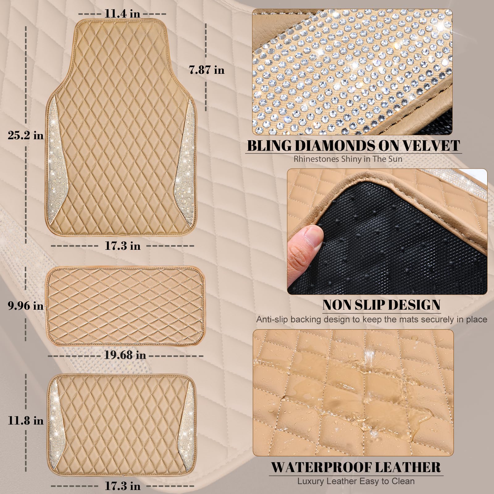 CAR PASS Bling Beige Leather Car Mats Shining Diamond Floor Mats Crystal Rhinestone Sparkly Glitter Carpet Anti-Slip Waterproof