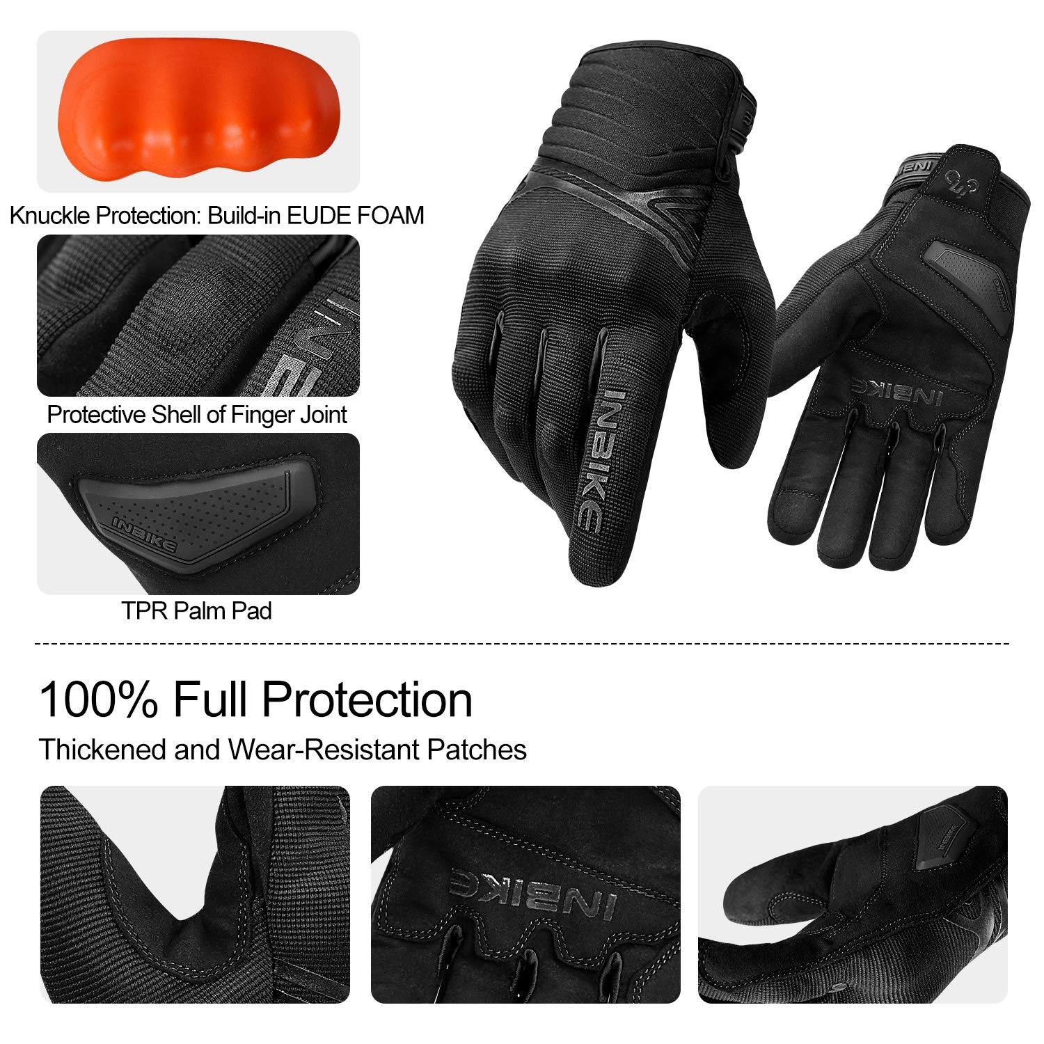 Inbike Waterproof Winter Motorcycle Gloves Thermal Fleece Touchscreen With Tpr Palm Pad Cushioning Hard Knuckle Black Large