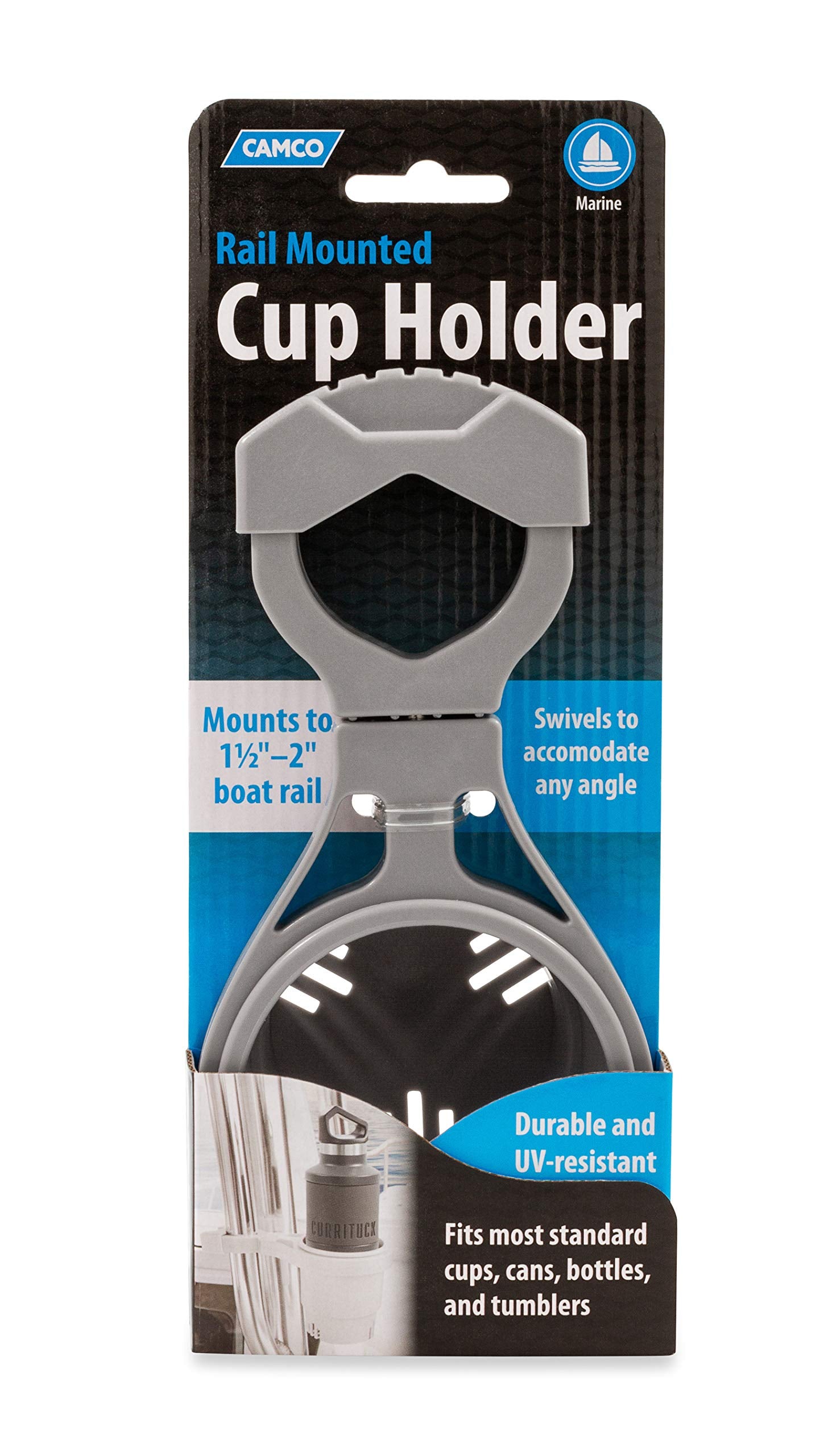 Camco Small Clamp Mounted Cup Holder-Provides A Secure Location For Your Beverage-Mountable For Up To 1-1/4-Inch Rail-Gray (5309