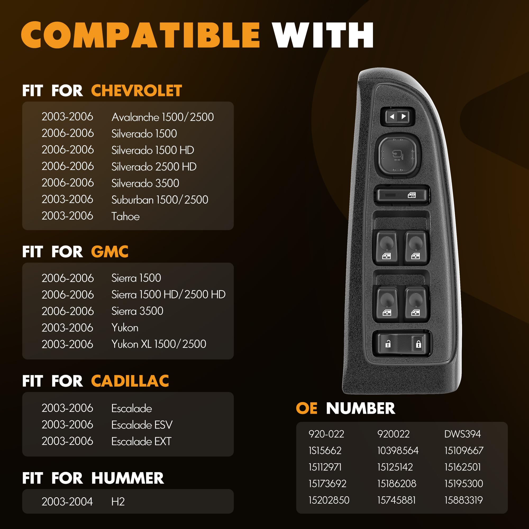 15883319 Master Power Window Switch & Black Bezel Assembly with Folding Mirror Switch Fit for 2003-2006 Chevy Silverado Avalanch