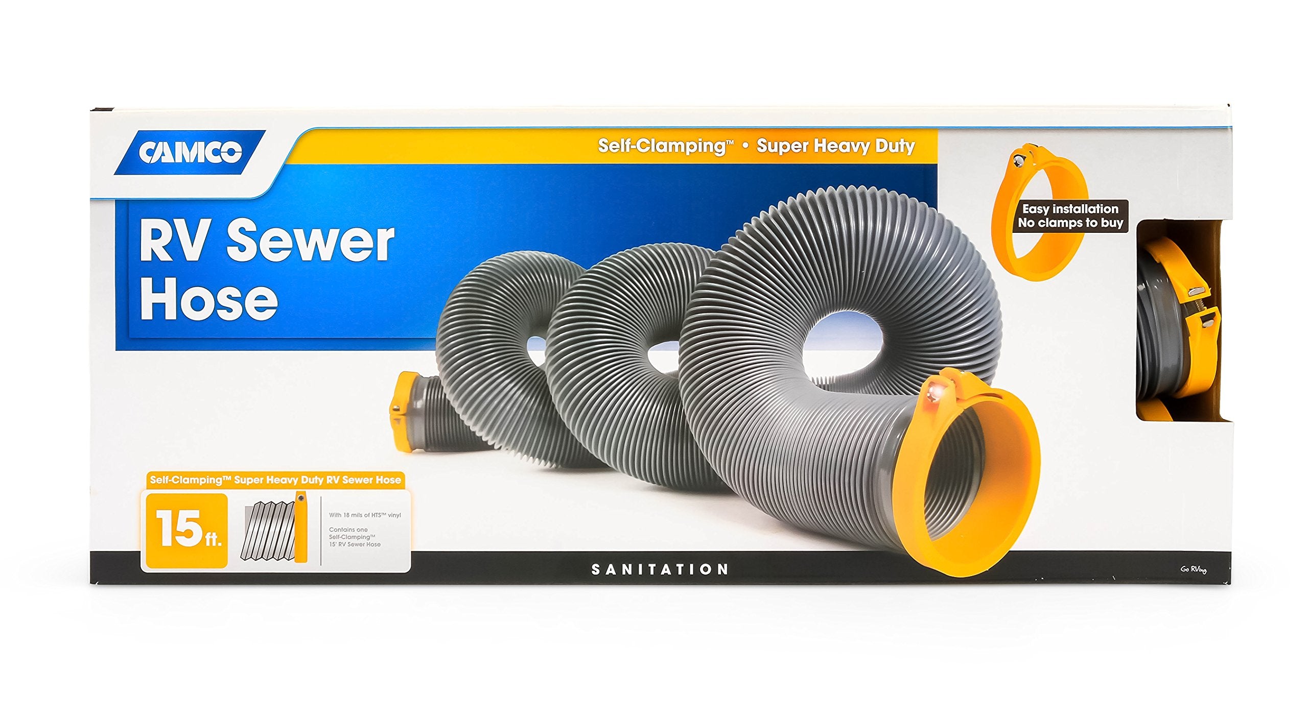 Camco Durable High Tensile Strength Vinyl Sewer Hose With Steel Wire Core And Self Clamping Fittings - 15 Hose, Great For Year R