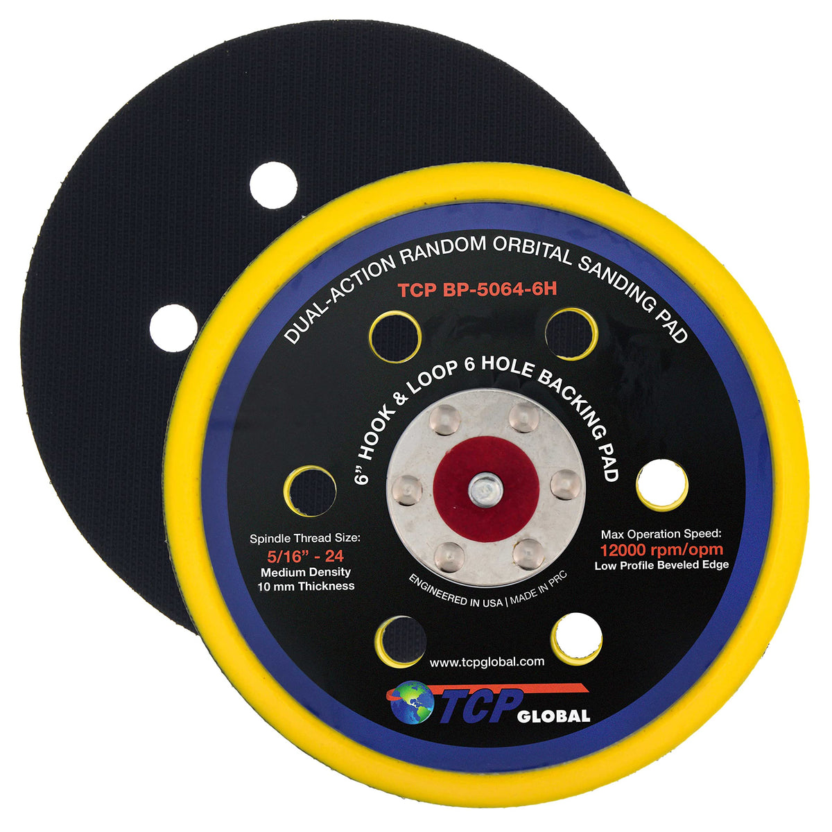 Tcp Global 6'' Hook & Loop Da Sander & Polisher Backing Plate Pad, 6 Hole Pattern Dustless - Dual-Action Random Orbital Sanding 
