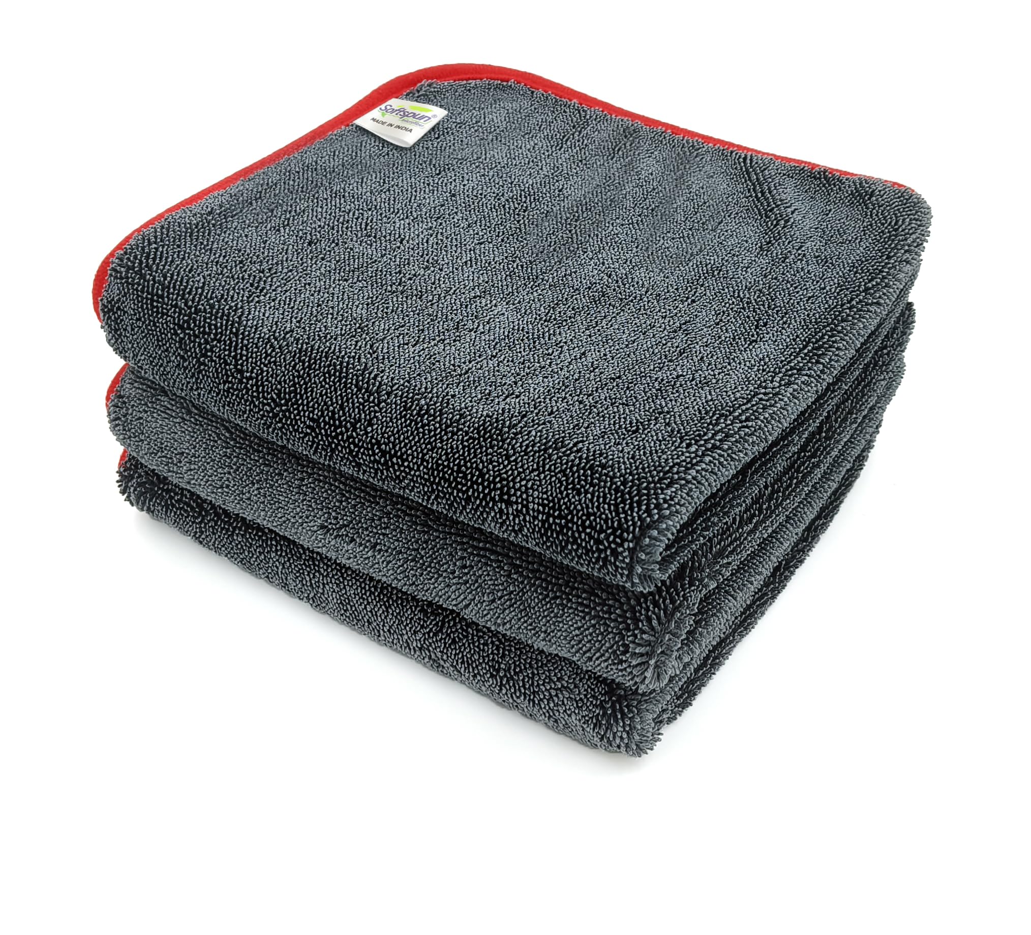 SOFTSPUN Microfiber Cloth for Car  600 GSM, 40X40cms, 3Pcs, Grey Twisted Loop Super Absorbent Towel  Edgeless Design with Plus