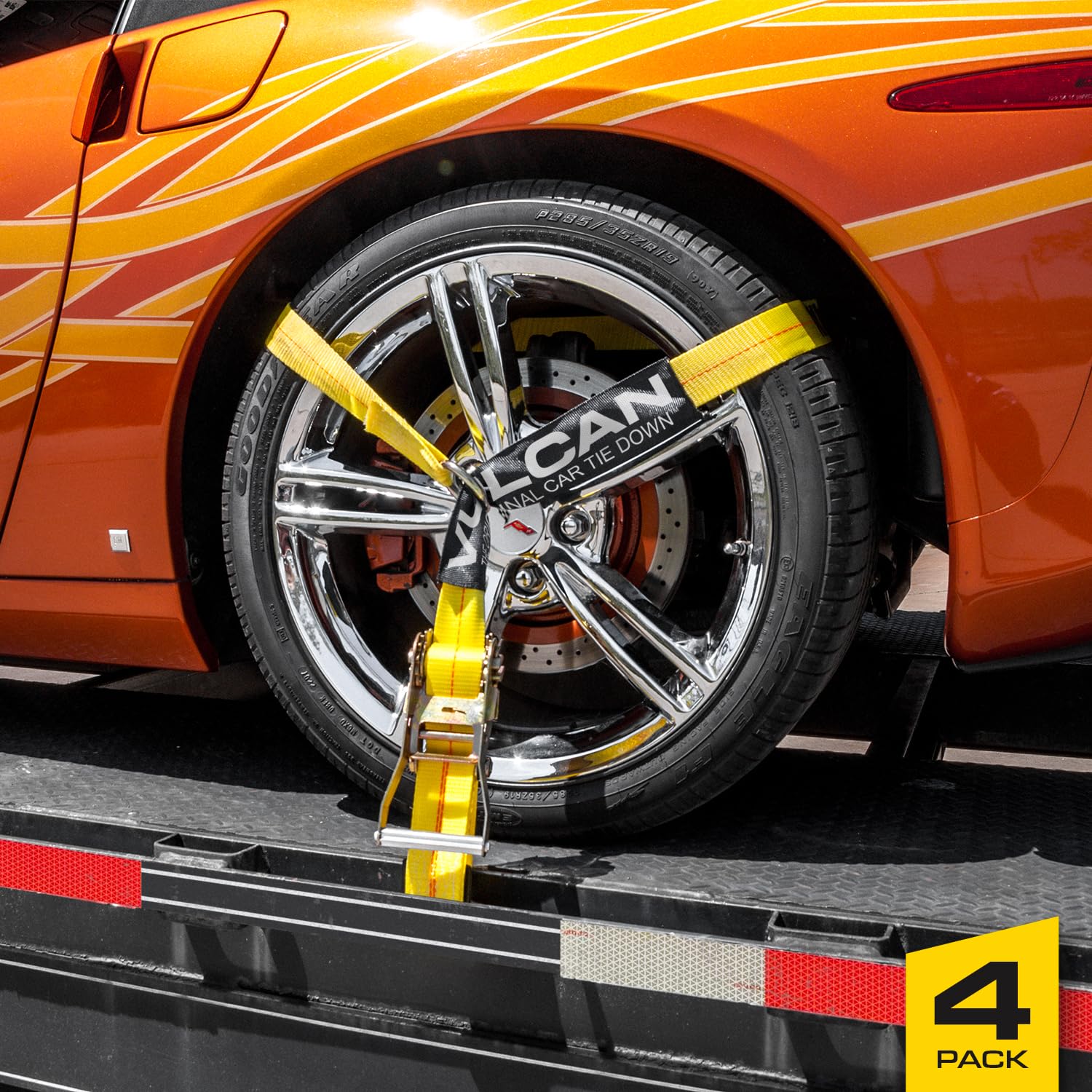 Vulcan Car Tie Down With Snap Hooks - Lasso Style - 2 Inch X 96 Inch - 4 Pack - Classic Yellow - 3,300 Pound Safe Working Load