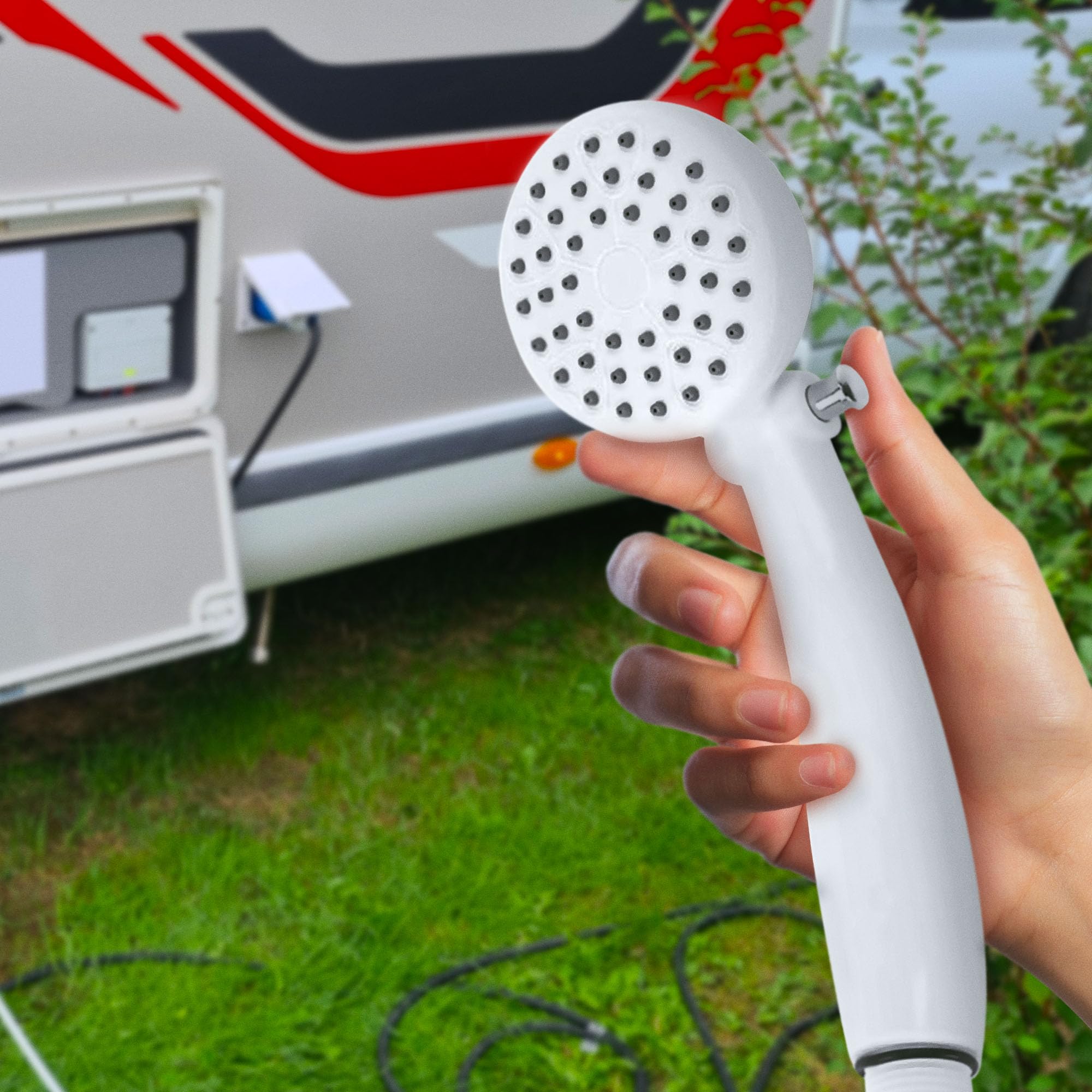 Camco Rv Outdoor Shower Head | High Flow Shower Head | Conserve Water With Convenient On/Off Switch | White (44023)