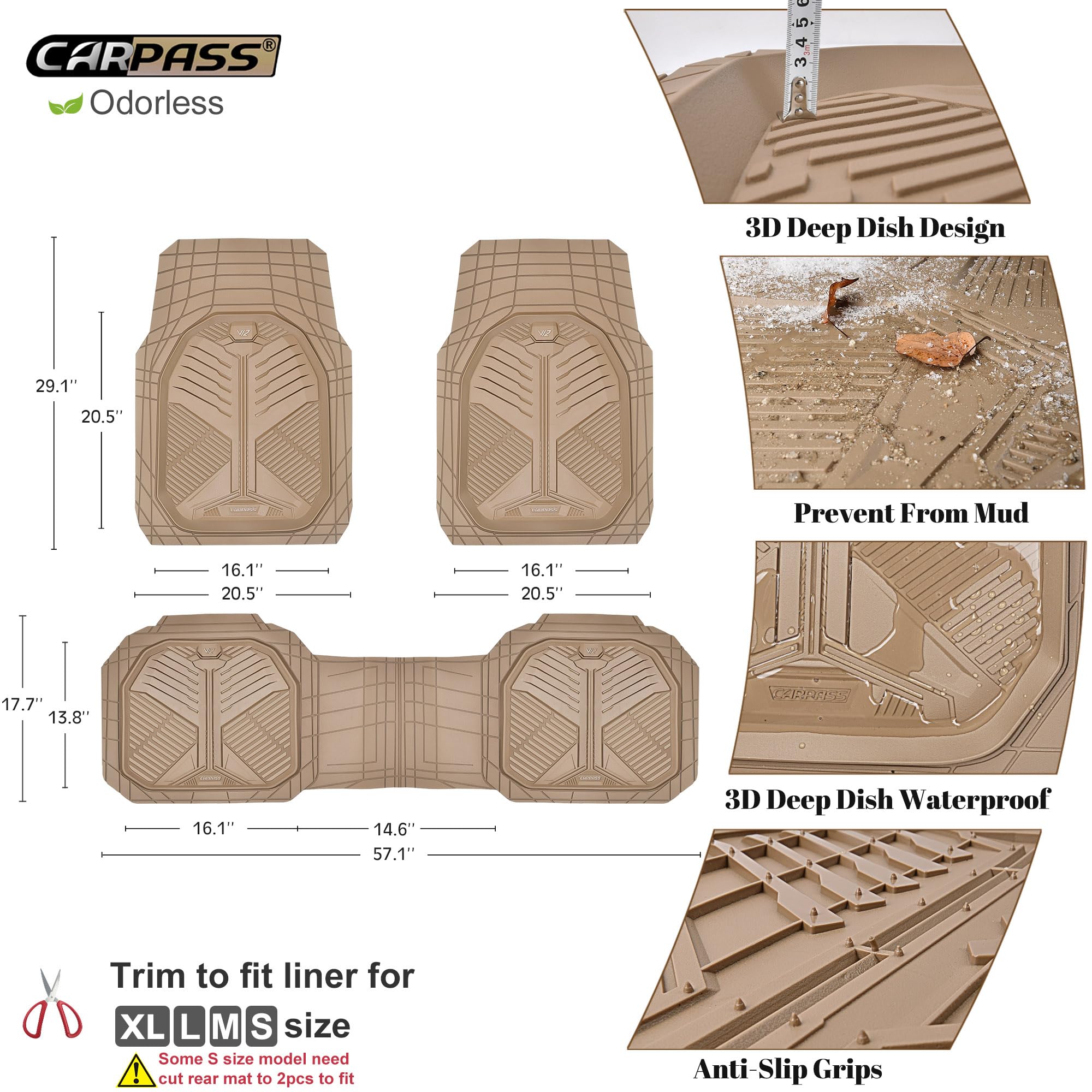 Car Pass Heavy Duty Rubber Car Mats, Deep Dish Car Floor Mats Full Set, Universal All Weather Automotive Mats 3 Pieces Trim To F