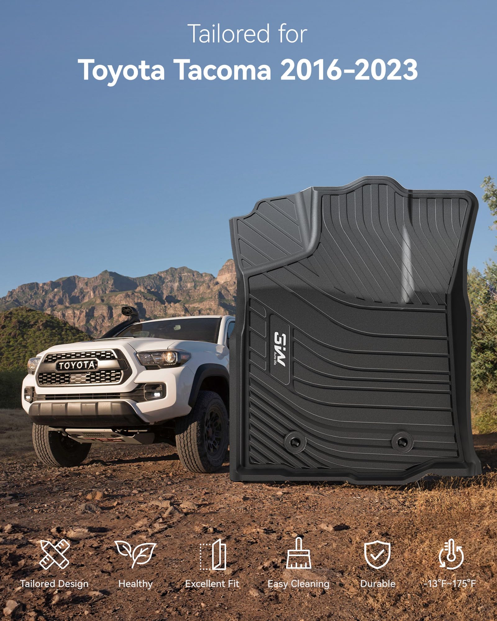 3W Floor Mats Fit Toyota Tacoma 2016-2023 (Only For Double Cab And Automatic), Tpe All Weather Custom Fit Floor Liner For Toyota