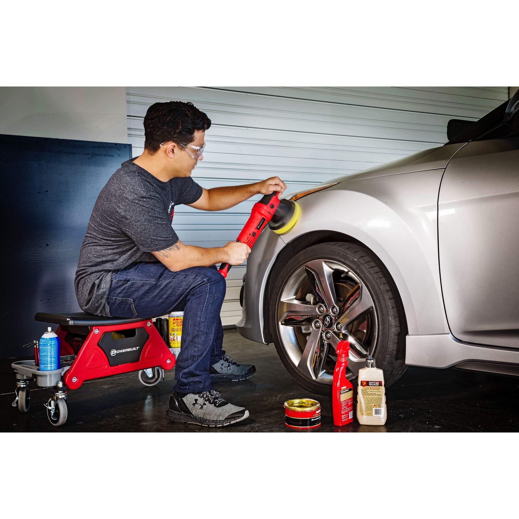 Powerbuilt Heavy Duty Roller Mechanics Seat and Brake Stool with 4-in. Rubber Swivel Casters Roll Over Anything, Big Seating Platform, Slide Out Tool Trays and Drawer 300 lb. Capacity – 240036