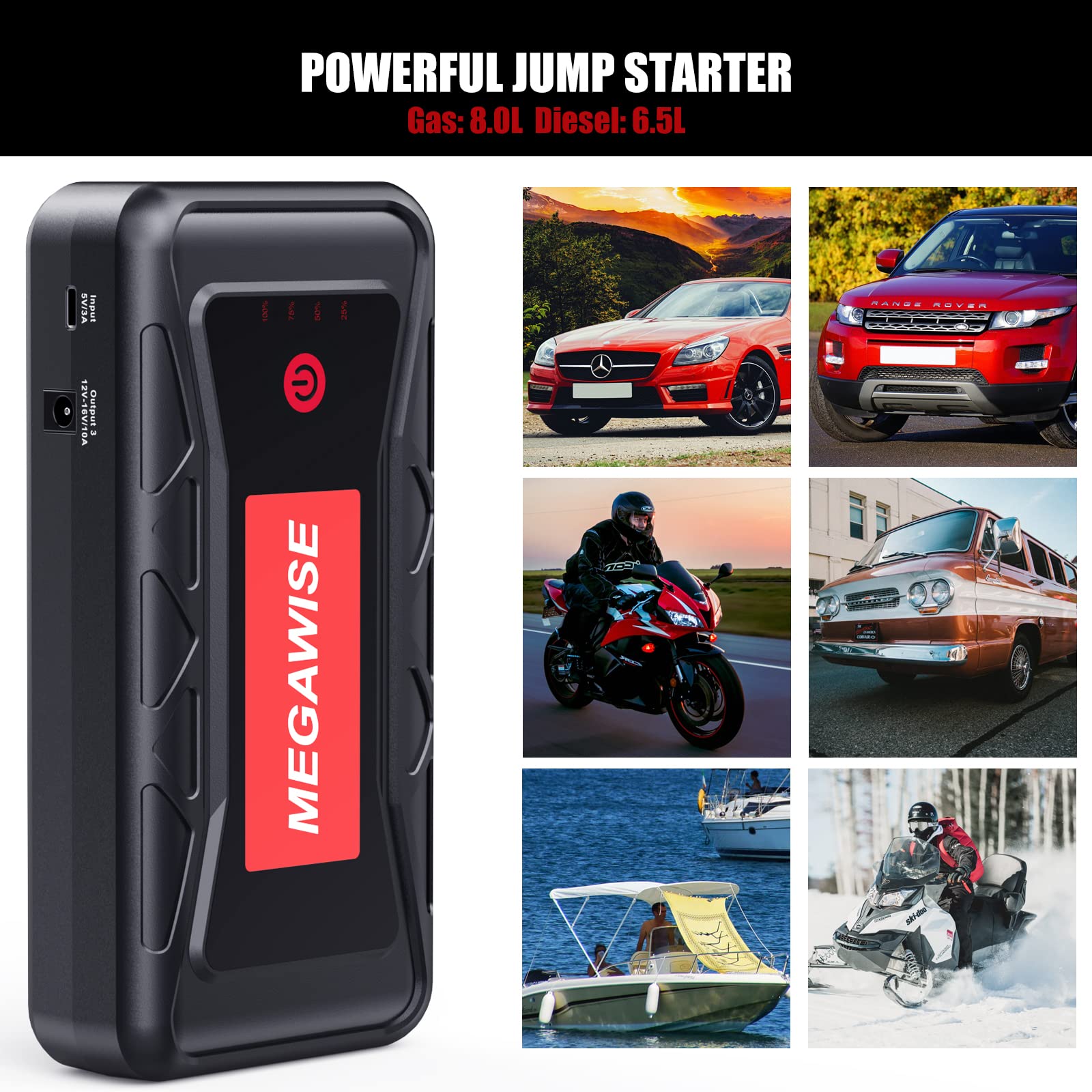 Megawise 2500A Peak 21800Mah Car Battery Jump Starter (Up To 8.0L Gas/6.5L Diesel Engines) 12V Portable Power Pack Auto Battery