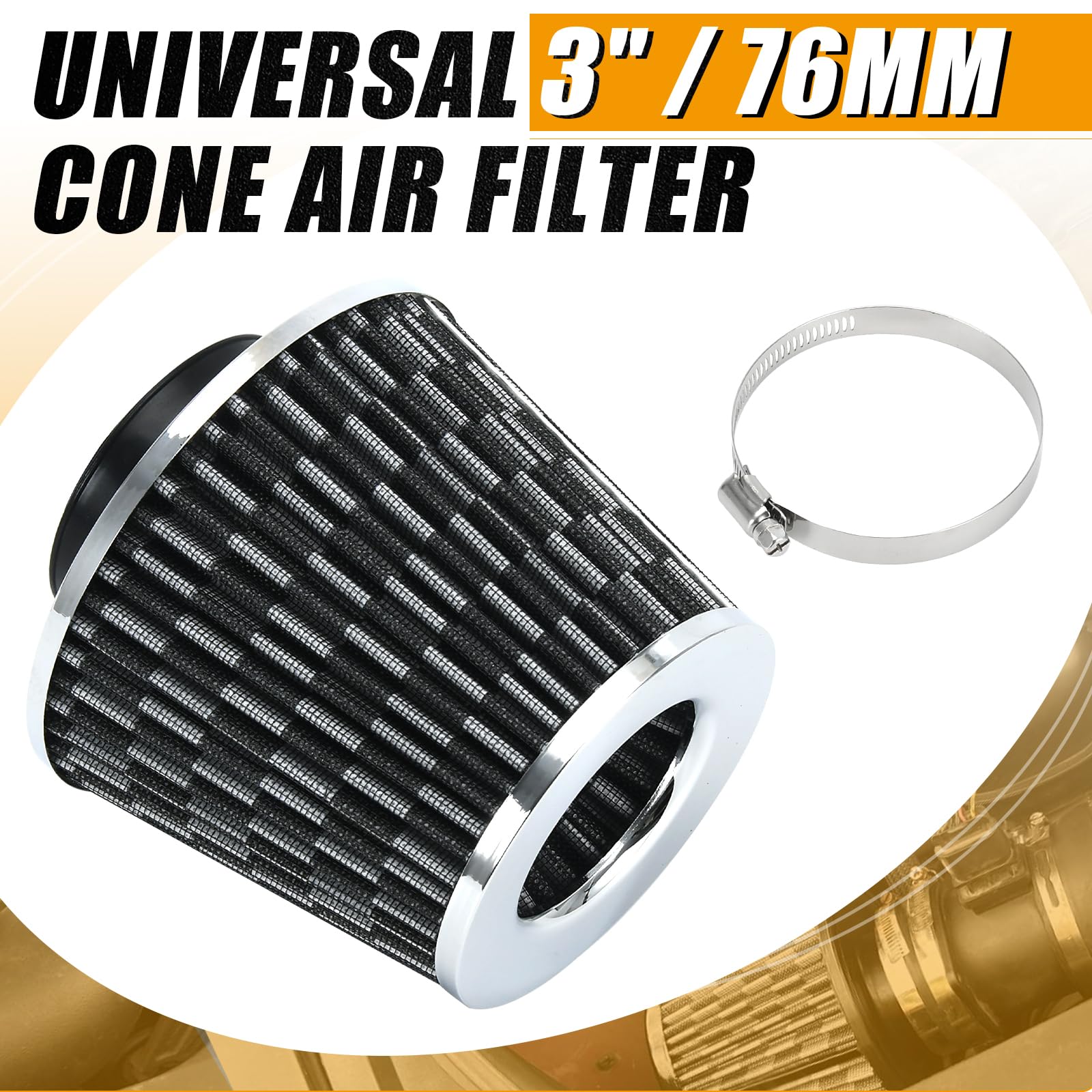 Ptnhz Universal Carbon Fiber 3'' 76Mm High Flow Cold Air Intake Cone Air Filter Power Intake Air Inlet System Air Cleaner