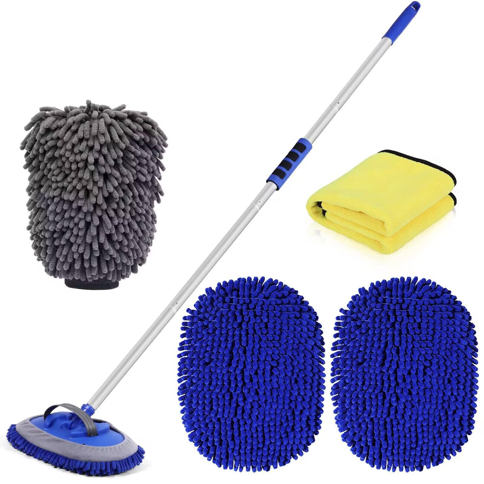 Wontolf 62 Car Wash Brush with Long Handle Chenille Microfiber Car Wash Mop Kit Mitt Car Washing Brush Cleaning Kits Car Care 