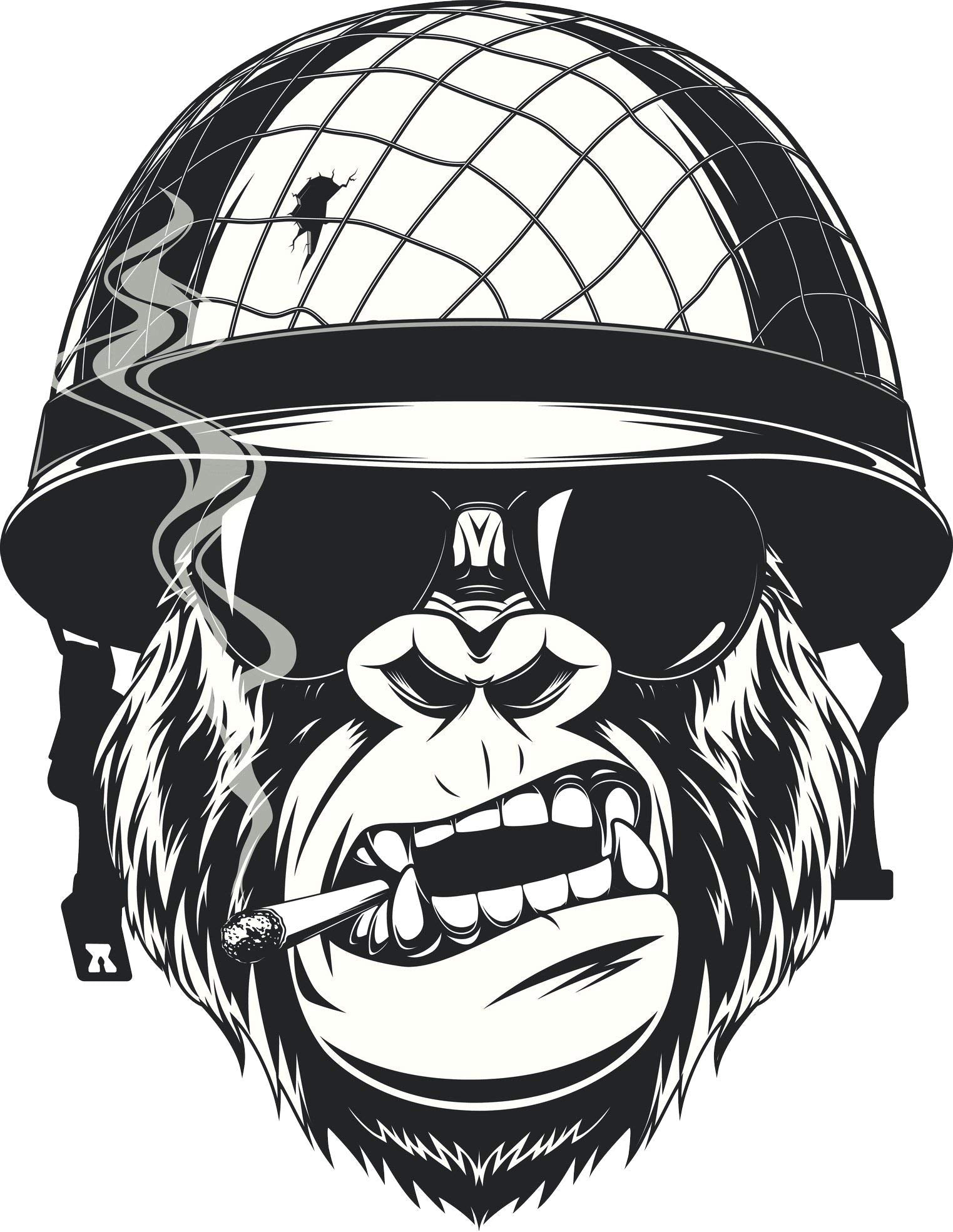 Ew Designs Cool Black And White Gorilla Monkey Soldier Cartoon Vinyl Decal Bumper Sticker (4' Tall)