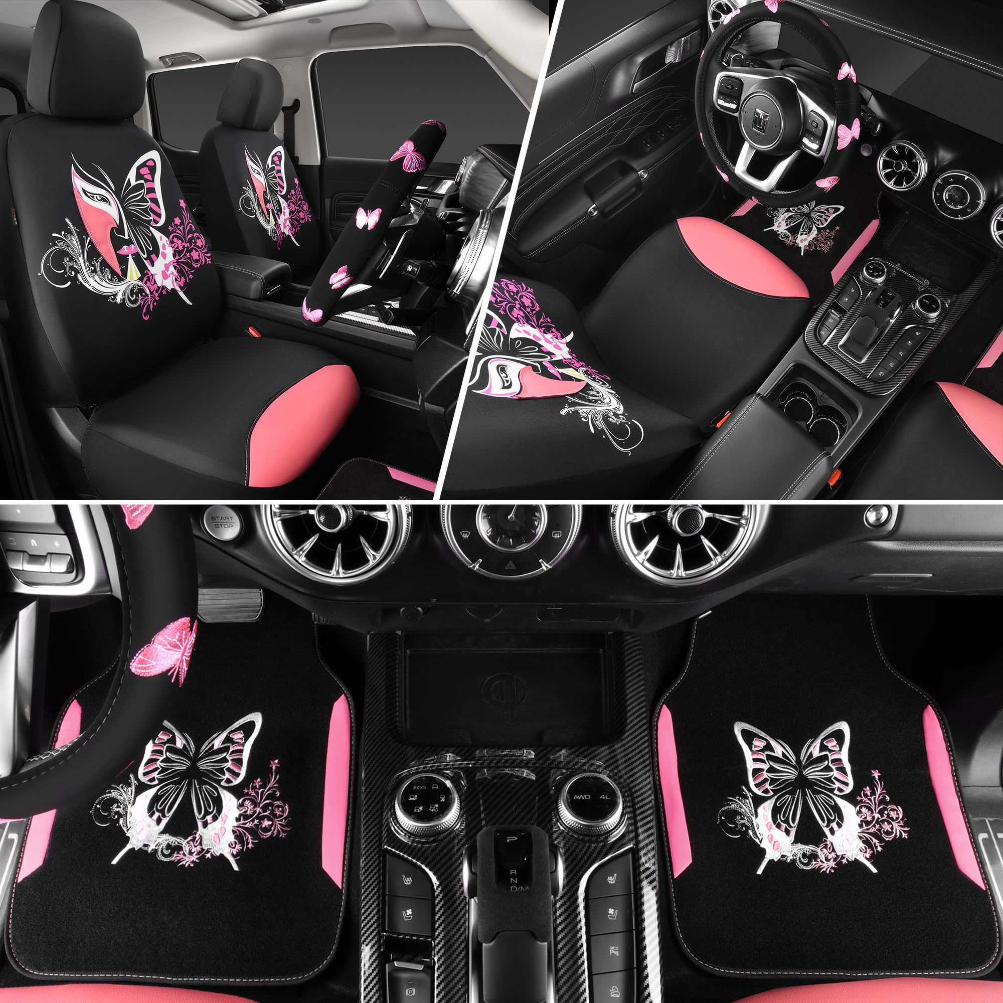 CAR PASS Pink Leather & Gaberdine Butterfly Car Seat Covers Full Set with Waterproof Car Floor Mats and Embroidered Butterflies