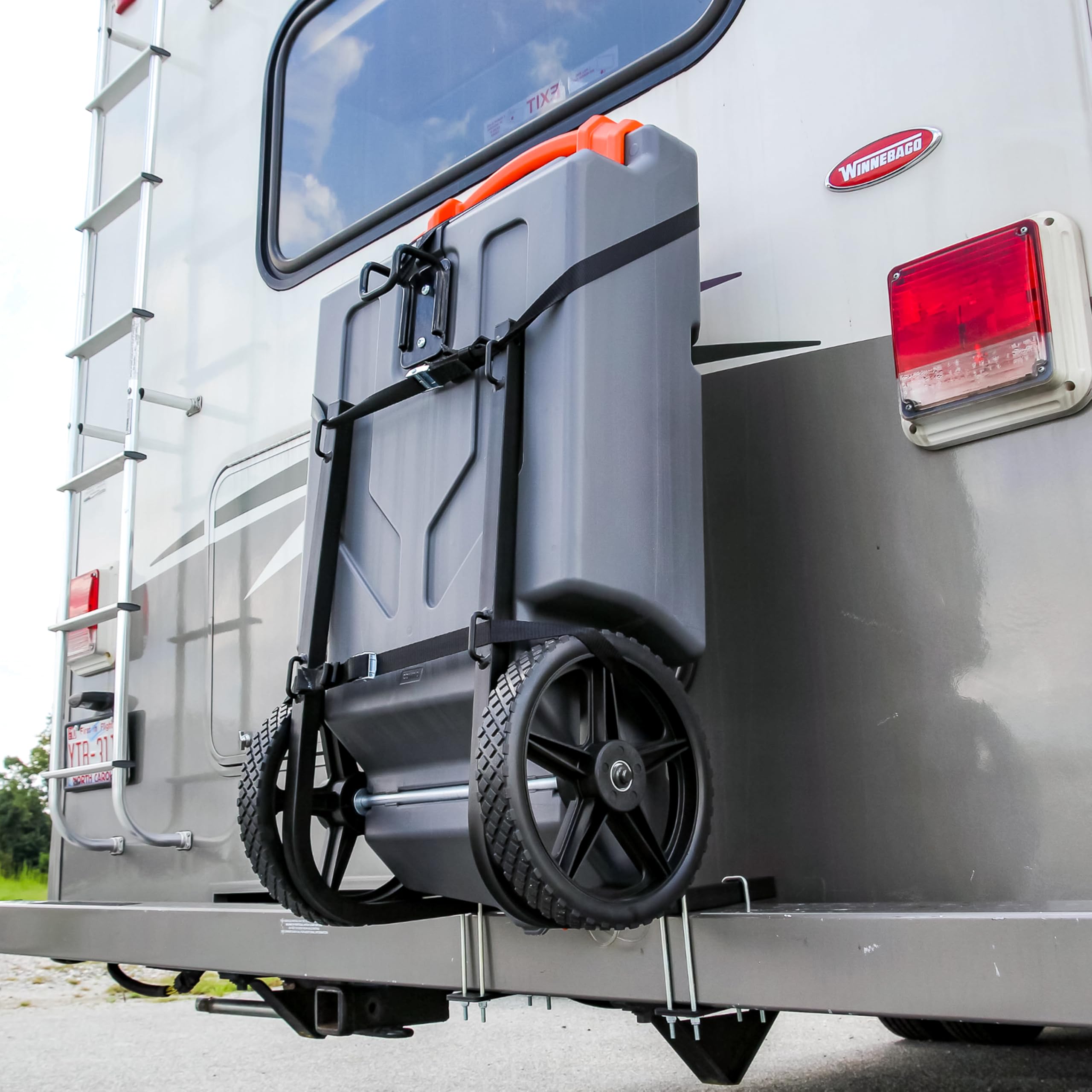 Camco Rhino Rv Bumper Mount Tote Tank Holder - Crafted Of Powder-Coated Steel & Features Heavy-Duty Straps - Fits Both 4'' & 4-1