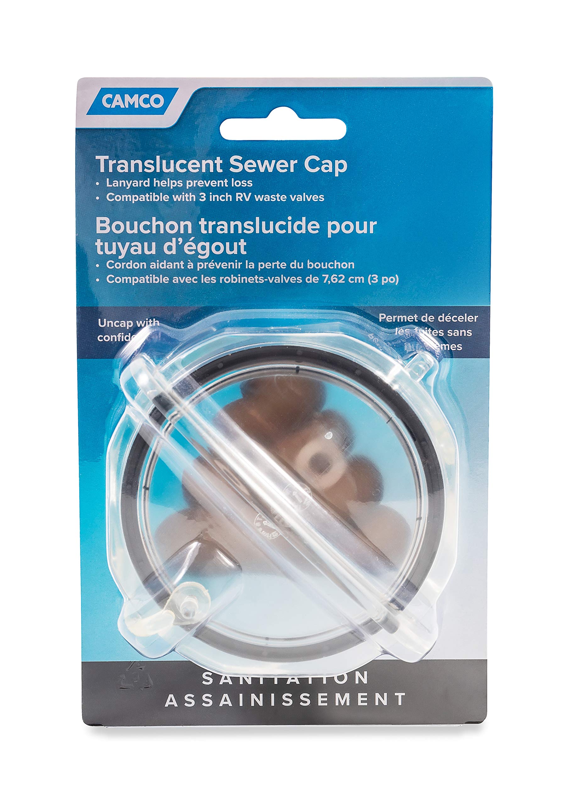 Camco 39455 Clear Rv Sewer Cap With Lanyard - Prevents Leaks And Spills From Your Rv'S Sewer System