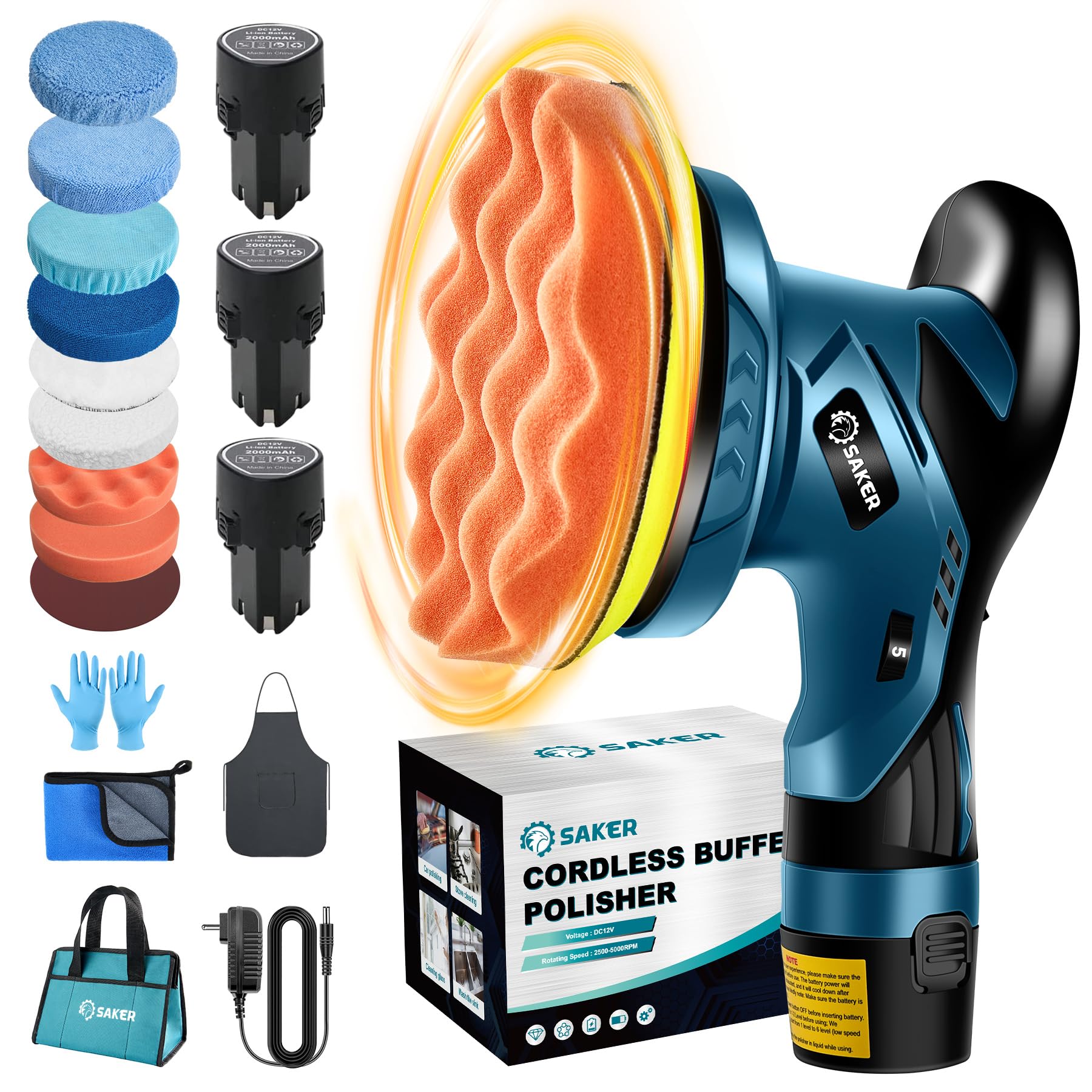Saker Cordless Car Buffer Polisher - 6 Inch Portable Polishing Waxer Machine Kit for Car Detailing, with 3PCS 12V 2000mAh Batter