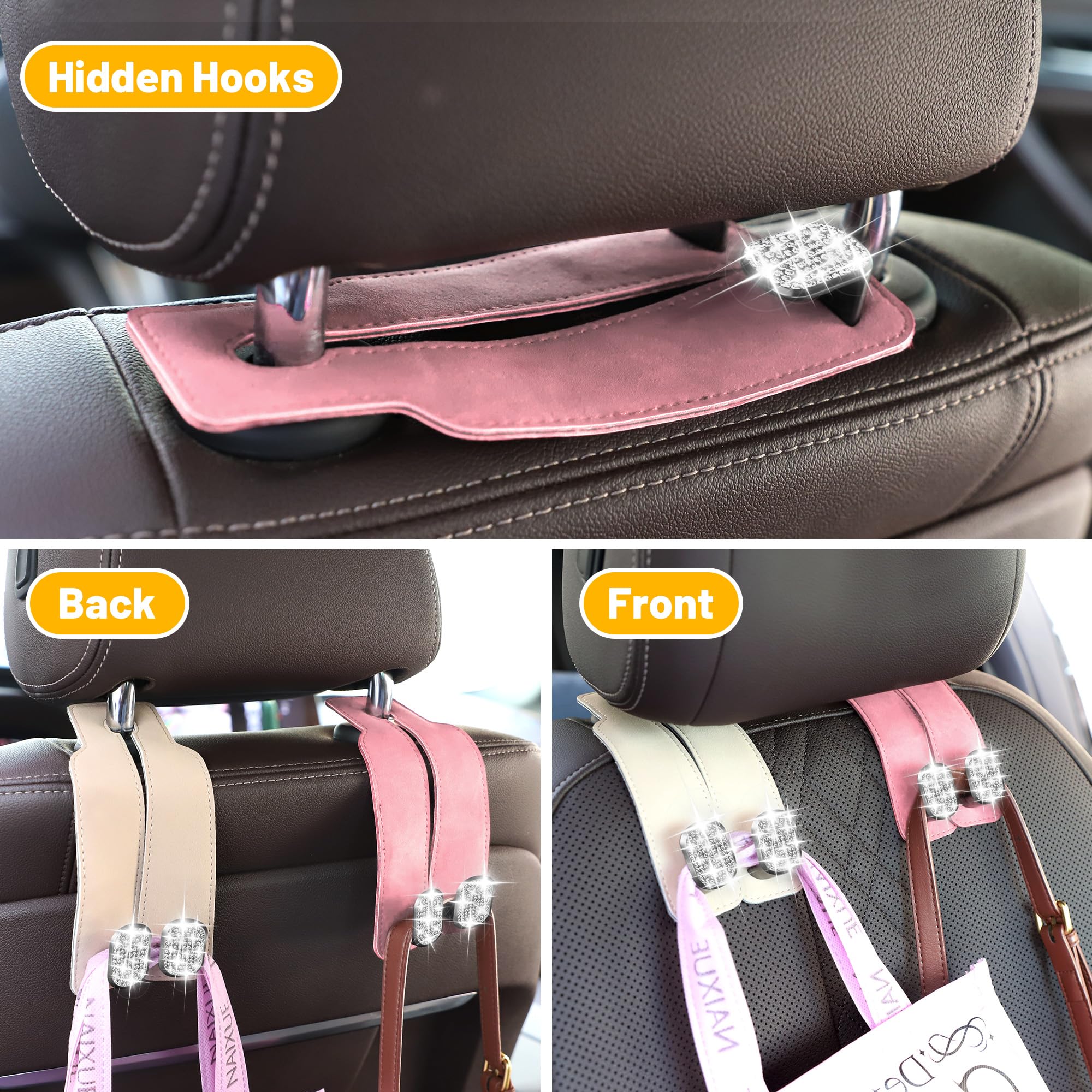 Amelity Headrest Hooks for Car, Bling Car Hooks for Purses and Bags Cute, Car Seat Back Storage (2 Pack, Beige)