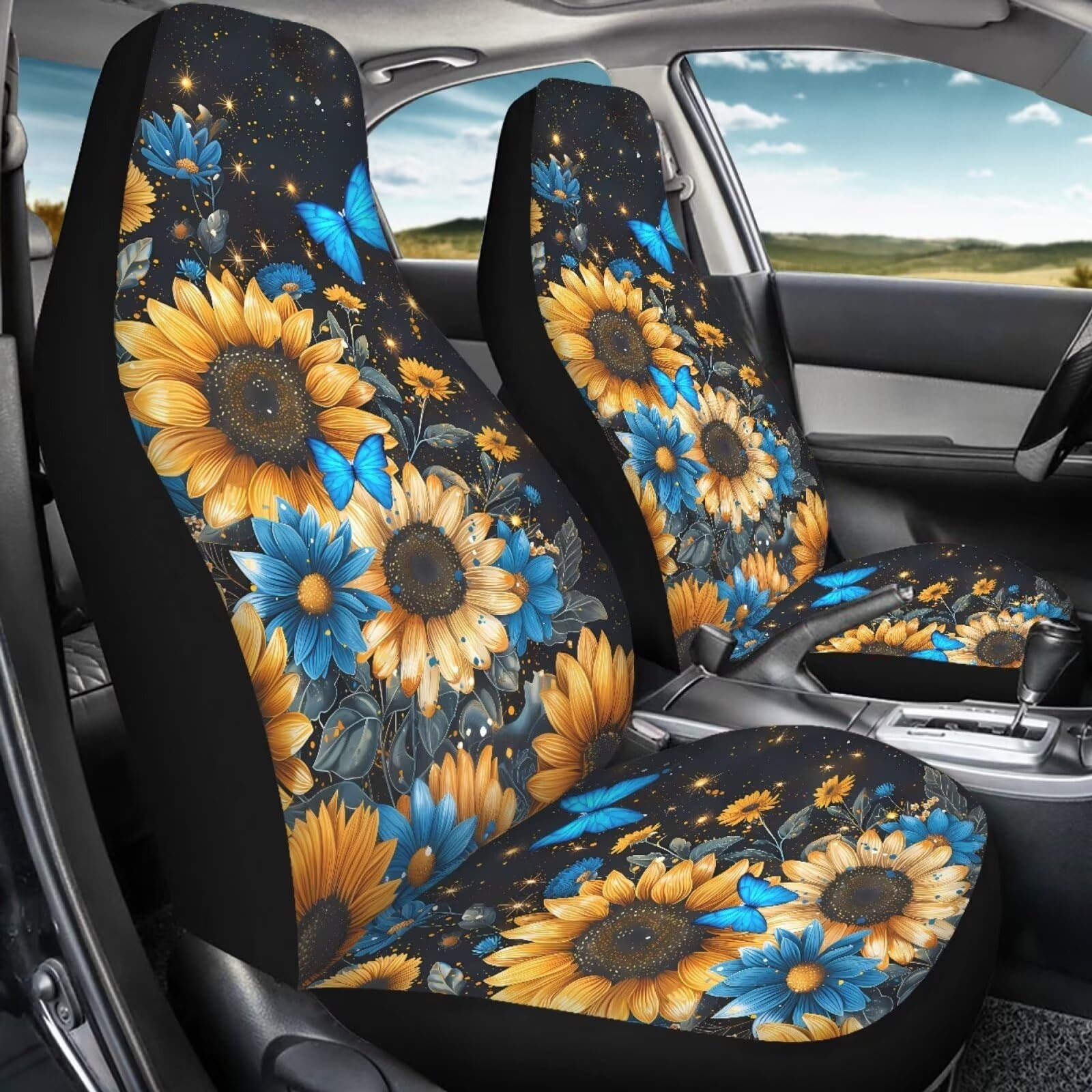 Bigcarjob Sunflower Car Accessories Sets 2 Pcs Auto Front Seat Protector Butterfly Print Car Seat Cover Sets For Womens Girly Cu