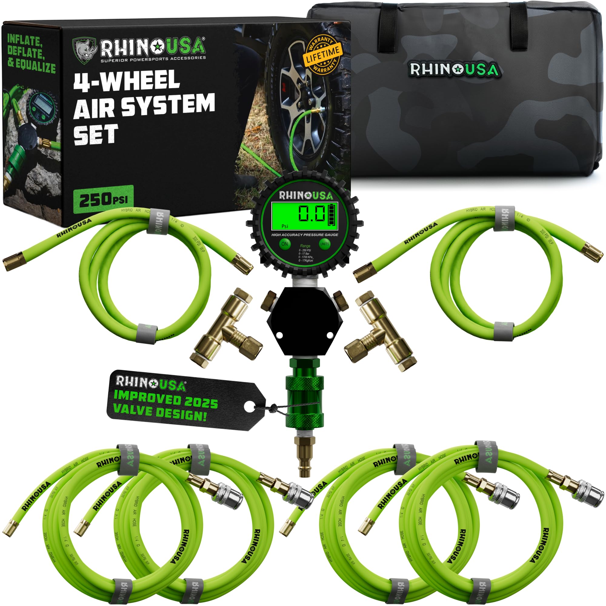 Rhino USA 4 Tire Inflation/Deflation System - Fits up to 155'' Wheelbase - Ultra Fast 4 Way Tire Inflator Hose Kit for Truck, Ca