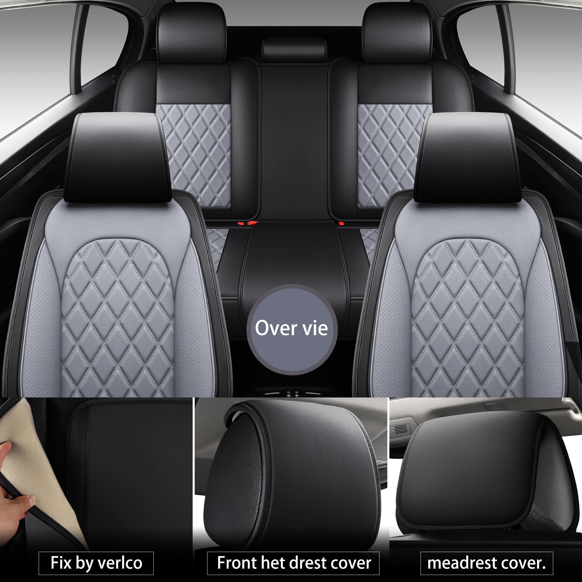 LINGVIDO Gray Waterproof Leather Car Seat Covers, Universal Fit Leather Protector for Cars, SUVs and Trucks(Black & Gray, Full S