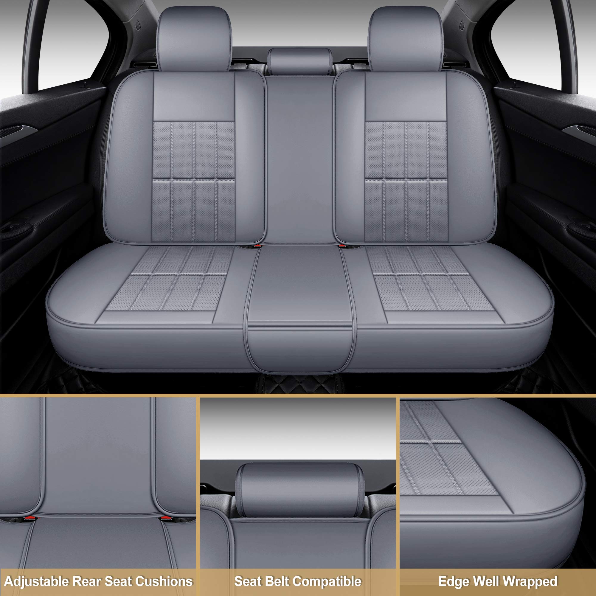 Aoog Leather Car Seat Covers, Leatherette Automotive Seat Cover For Cars Suv Pick-Up Truck, Universal Non-Slip Car Seat Cover Waterproof Protectors Interior Accessories, Rear, Gray