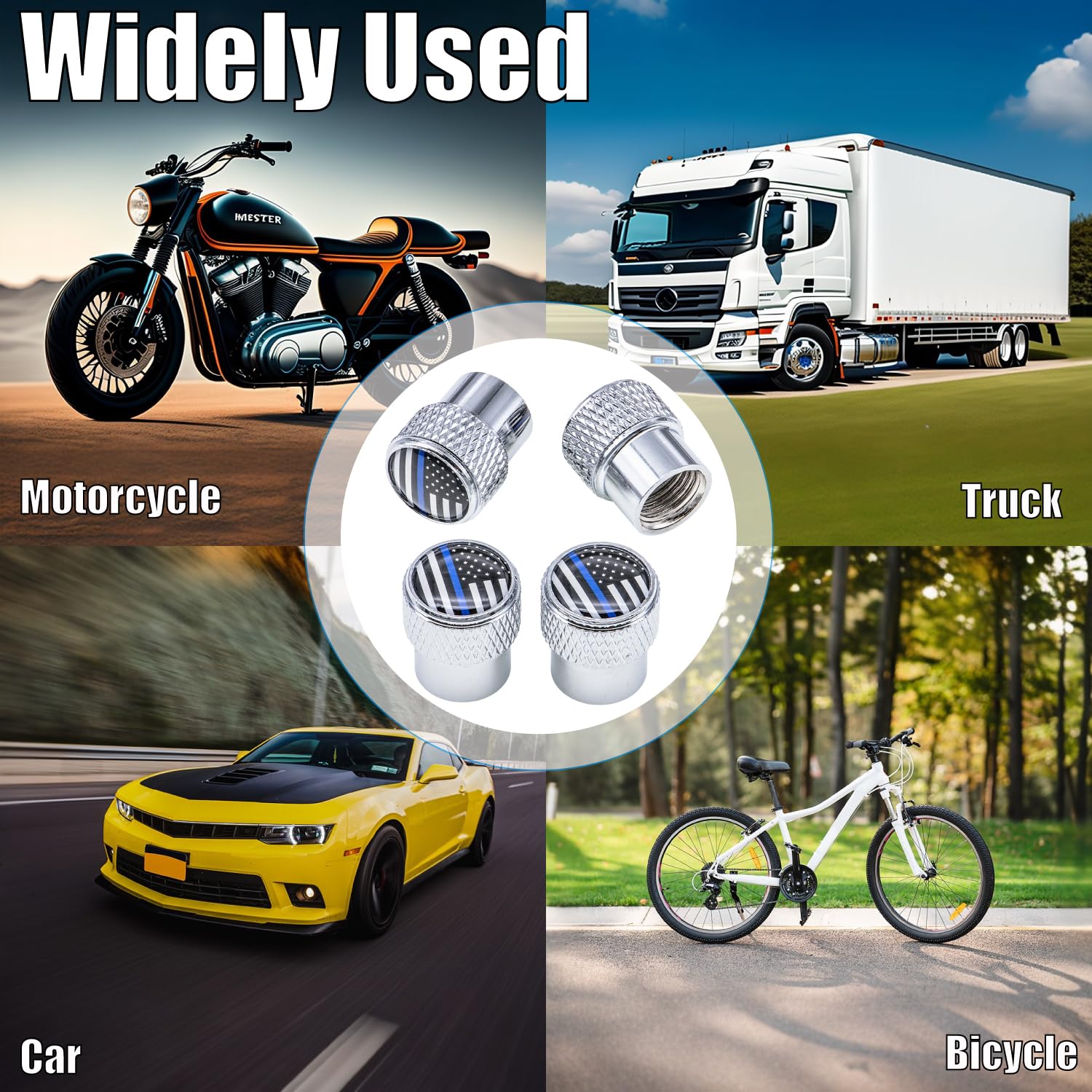 Meajoo 4 Pcs American Flag Plaid Tire Valve Stem Caps, Corrosion Resistant Premium Aluminum Alloy Valve Stem Covers, Universal D