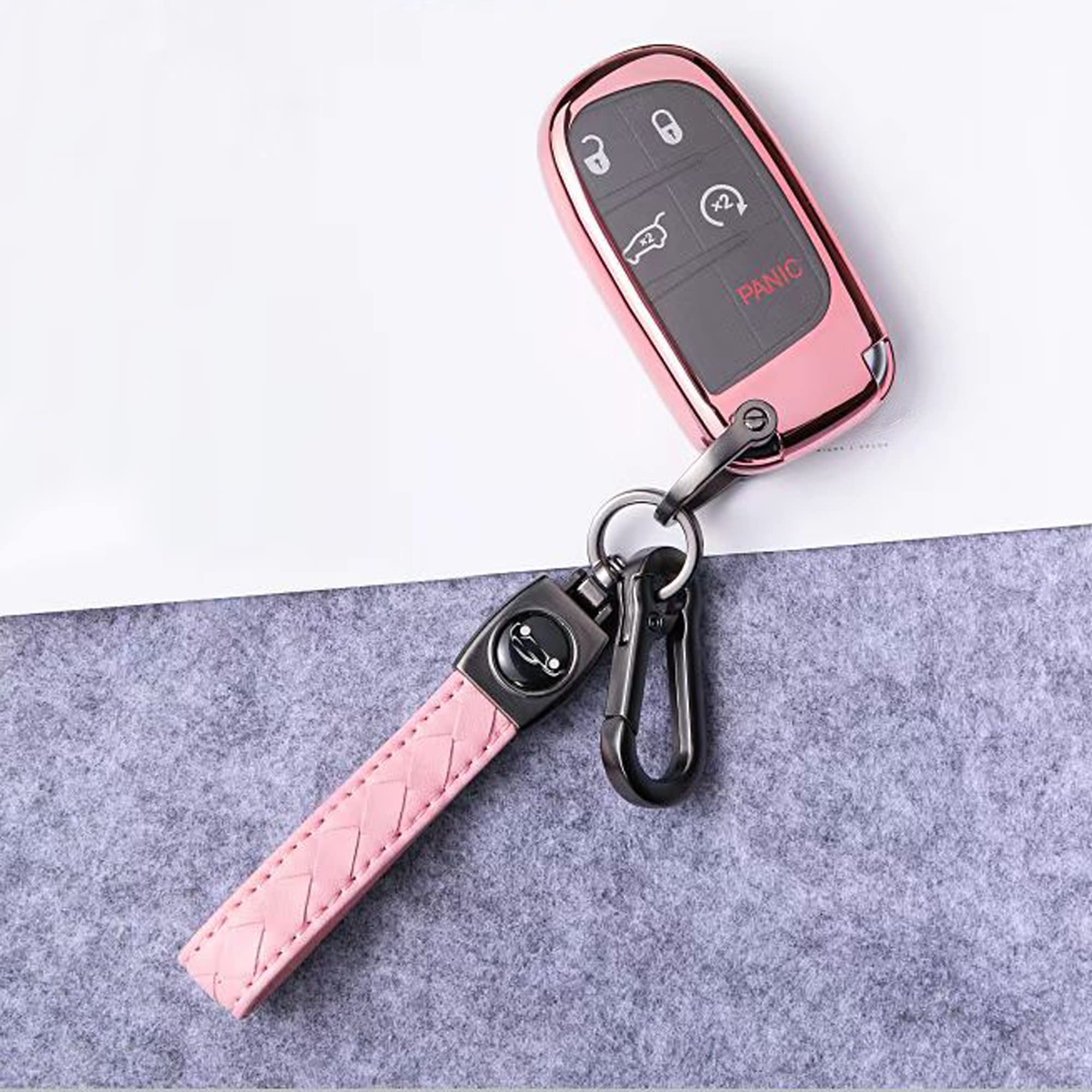Tandrive Key Fob Cover Compatible With 2025 2024-2015 Jeep Compass Dodge Durango Cherokee Grand Cherokee Renegade Challenger Charger Ram Chrysler 300(3 4 5-Button, Pink)