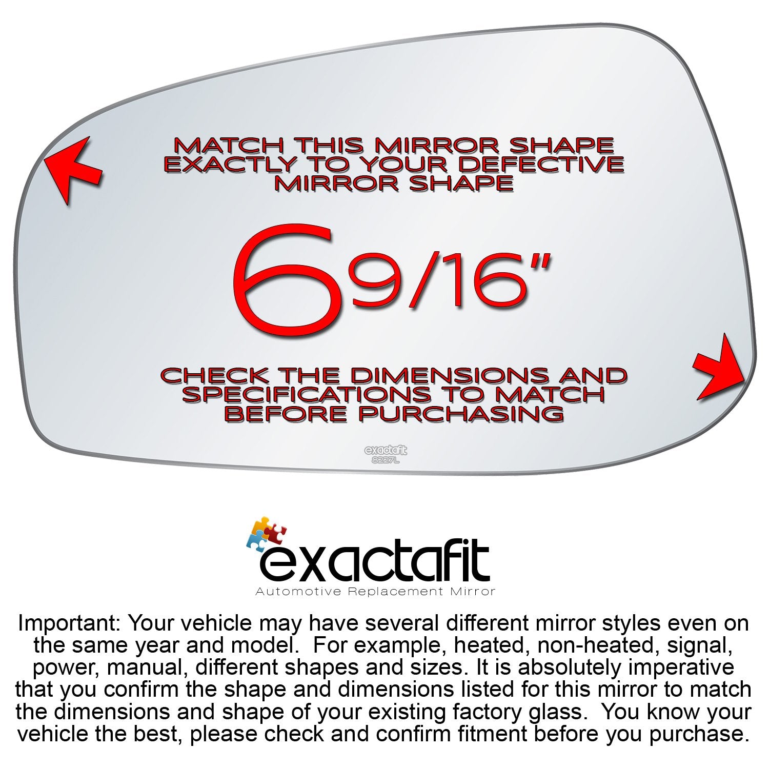 Rugged TUFF Driver Side Mirror Glass Replacement for 2004-2006 Volvo S60, S80, V70 - Diagonal 6-9/16