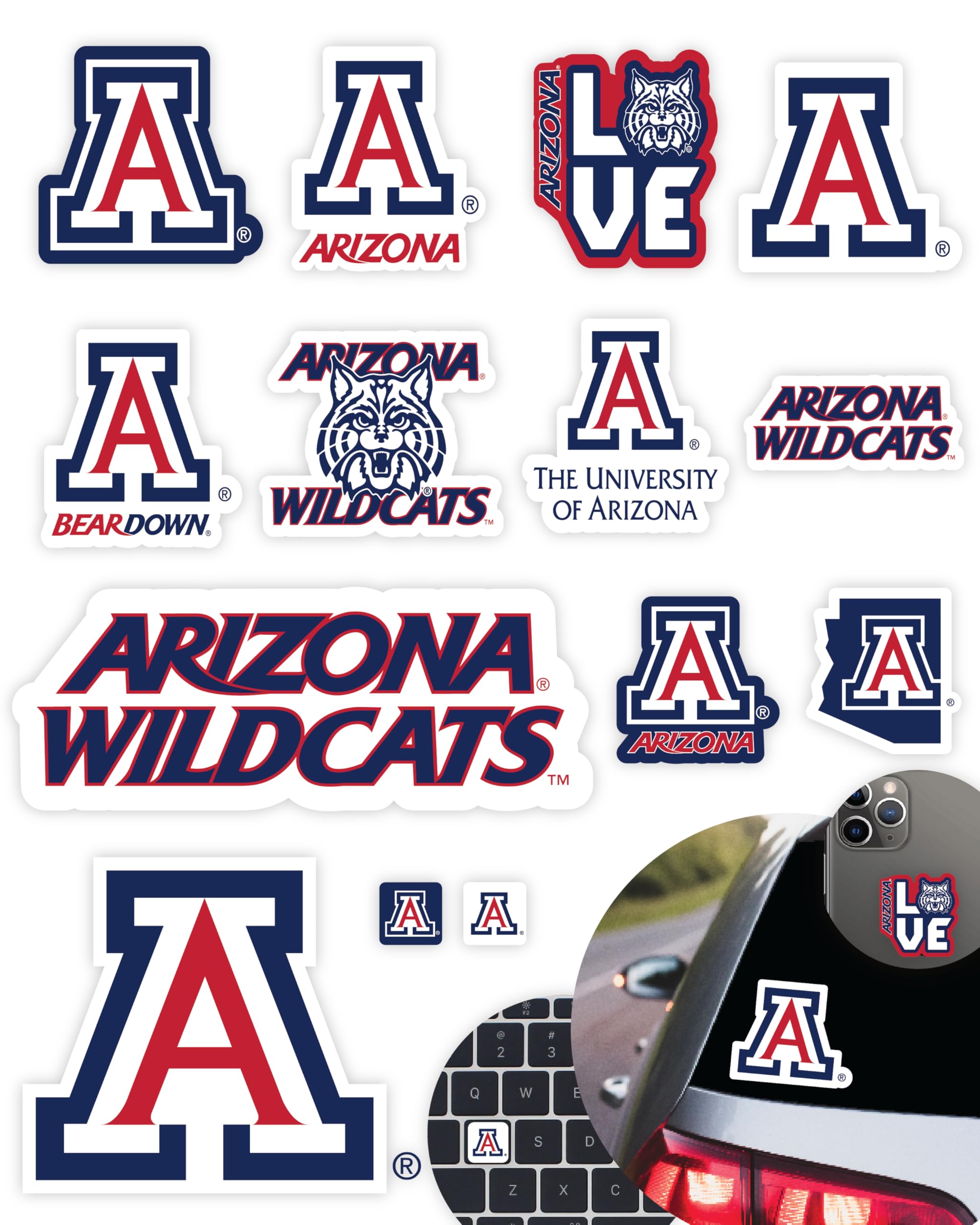 Arizona Wildcats Stickers (14 Piece) University Of Arizona Gifts For Men Football Fans For Car Laptop Water Bottle + 2 Large Ari