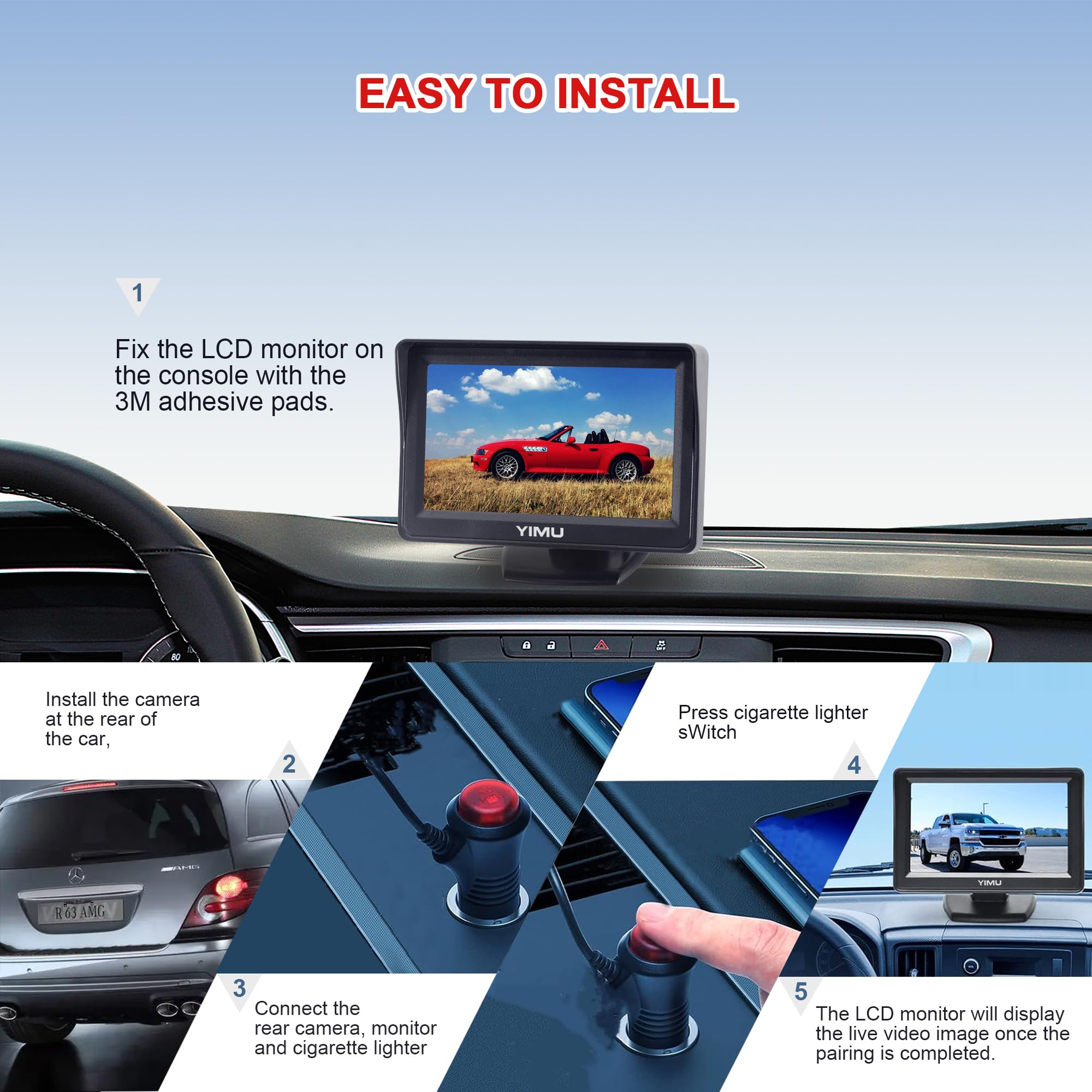 Yimu Backup Camera System With License Plate Backup Reverse Camera, Easy Installation, Plug & Play, Diy Guide Lines, 150 Wide An
