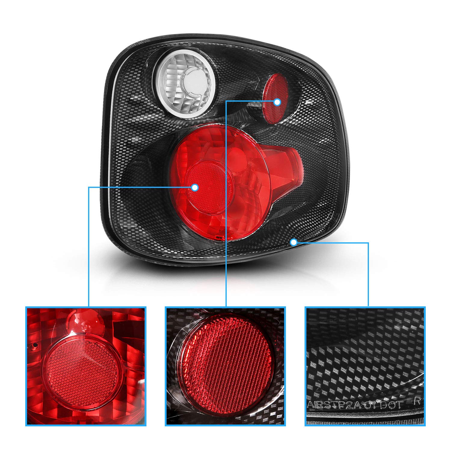 Amerilite For 2001-2003 Ford F-150 Flareside Euro Carbon Fiber Replacement Tail Lights Brake Lamp Pair - Passenger And Driver Si
