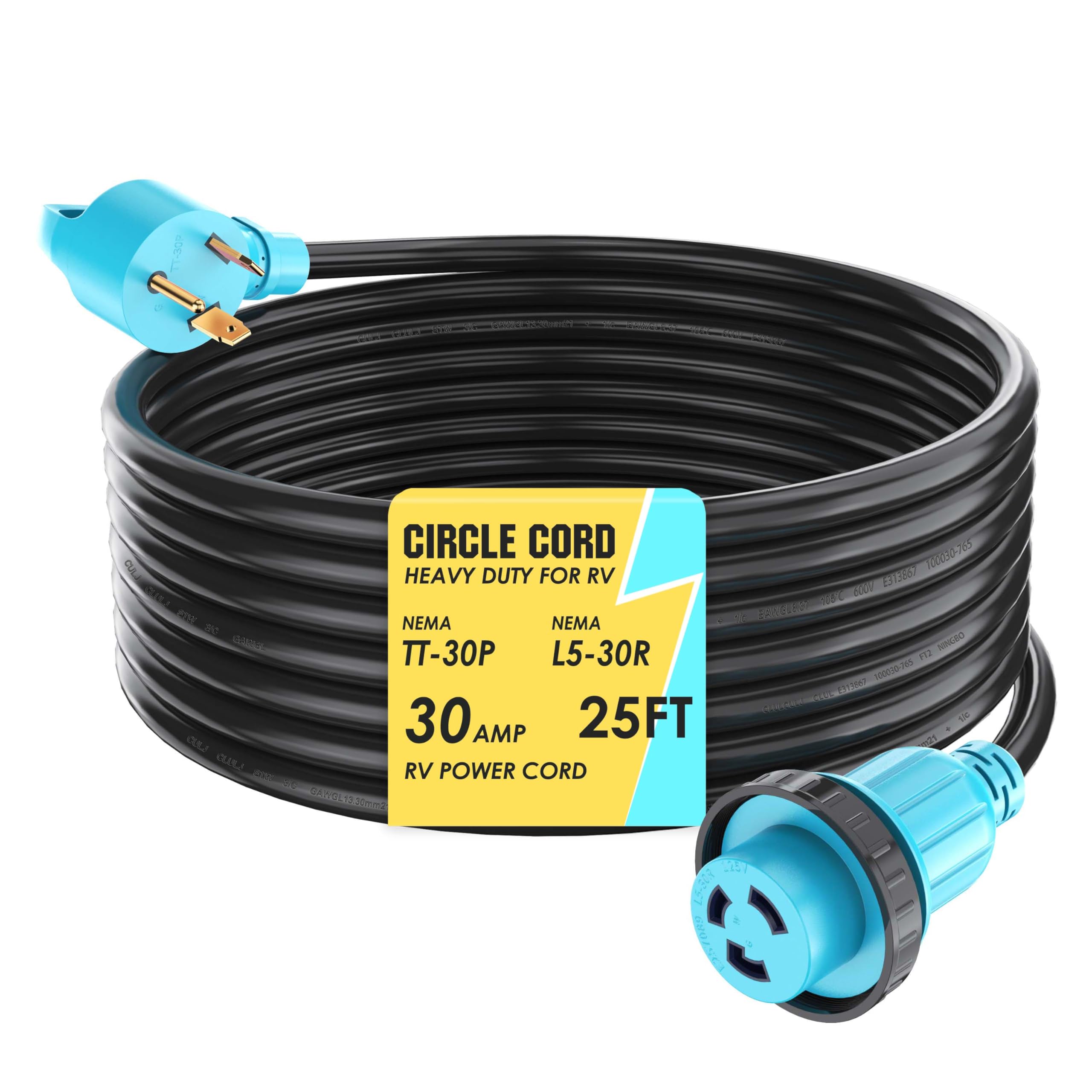 Circlecord 30 Amp 25 Feet Rv Power Cord Twist Locking, Heavy Duty 10 Gauge 3 Wire Stw Pure Copper Wire With Grip Handle, Tt-30P