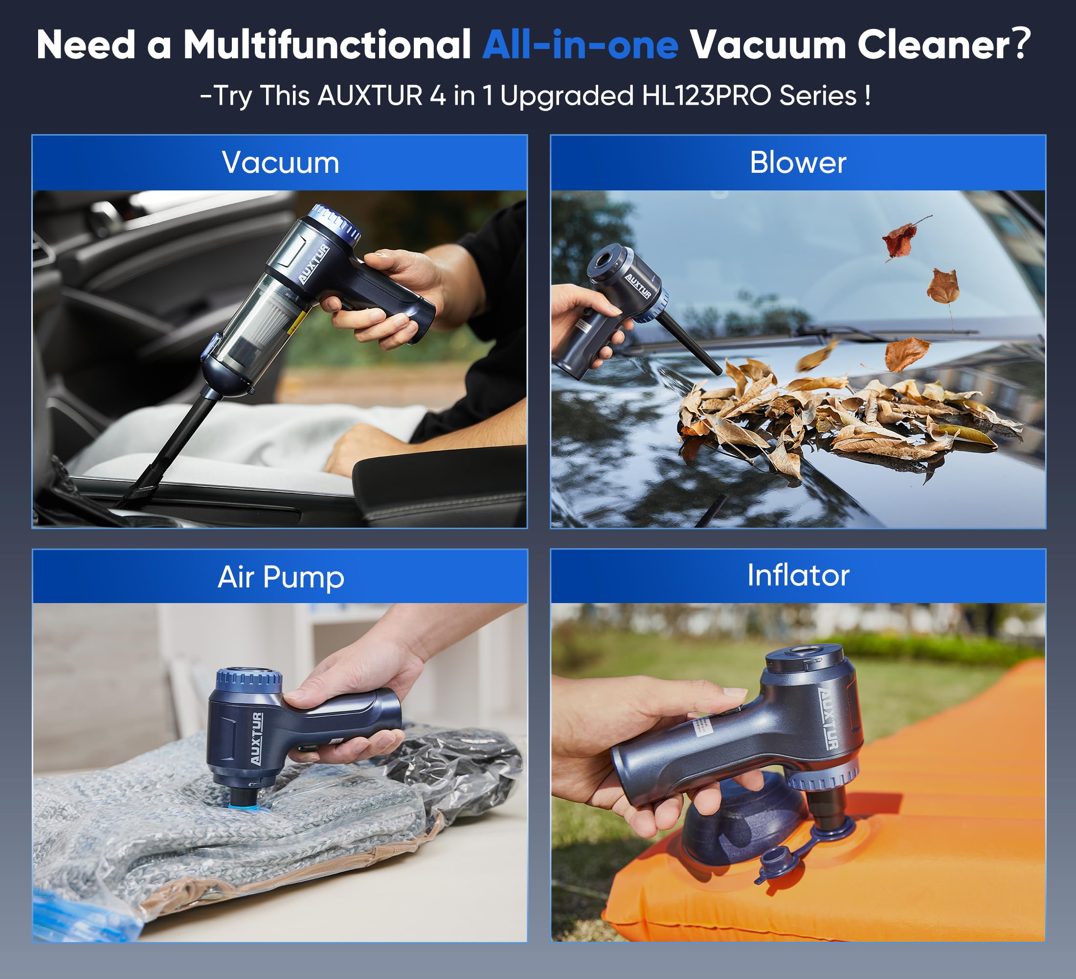 AUXTUR Car Vacuum Cordless, 4 in 1 Handheld Vacuum with Brushless Motor in 14000PA Powerful Suction, Mini Vacuum Cleaner with On