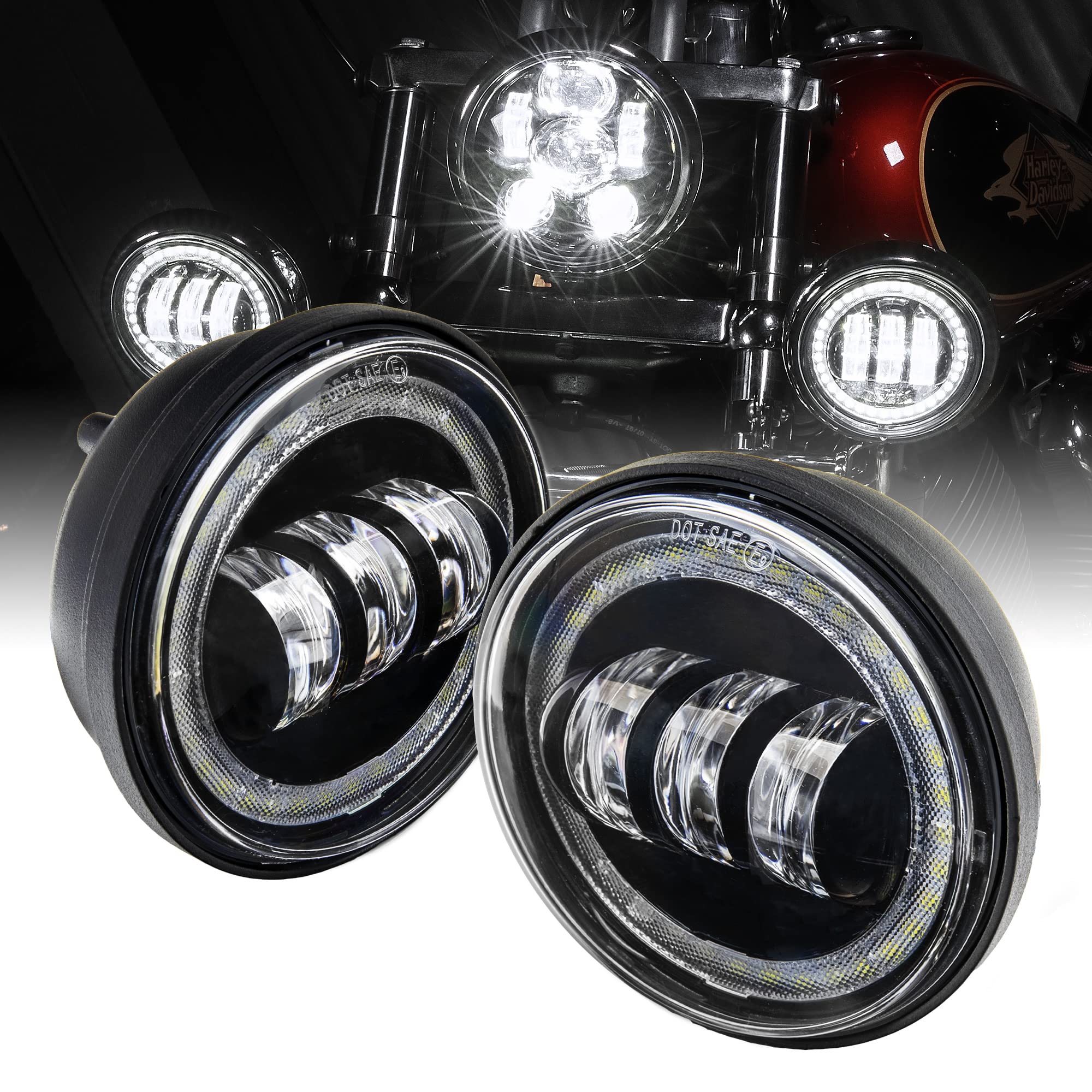 TRUE MODS 2pc 4.5'' Osram LED Harley Fog Passing Light [Halo] [Black-Finish] [6,500K] [2,880 Lumens] Motorcycle Passing Fog Lamp