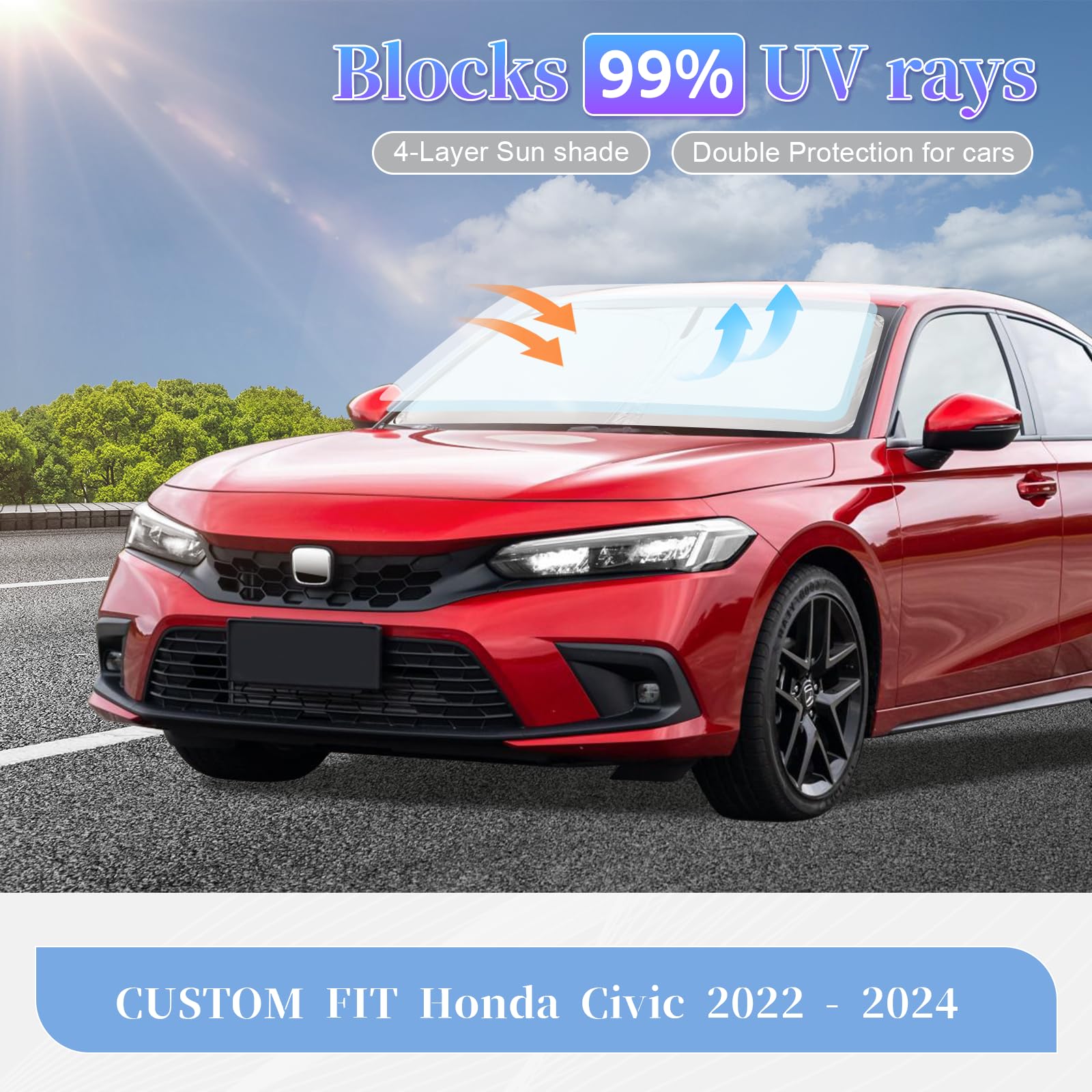 For Honda Civic 2022-2024 2025 Sun Shade Sunshade Windshield Cover, 4-Layer Front Window Shade Custom Fit Civic (Not For 2022 Sp