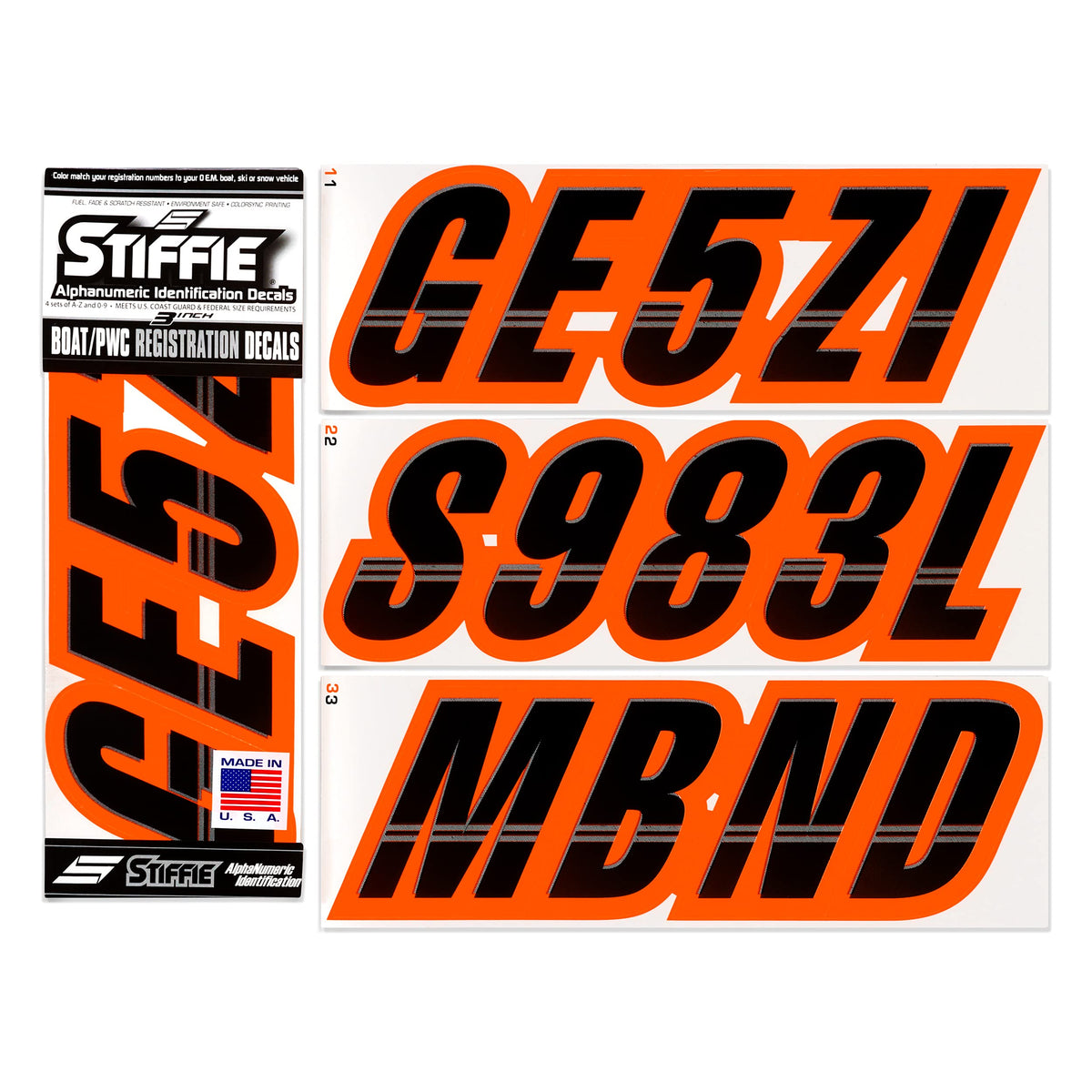 Stiffie Techtron Black/Electric Orange 3 '' Boat & Pwc Registration Decals Numbe WBCARB00DP5JC0G
