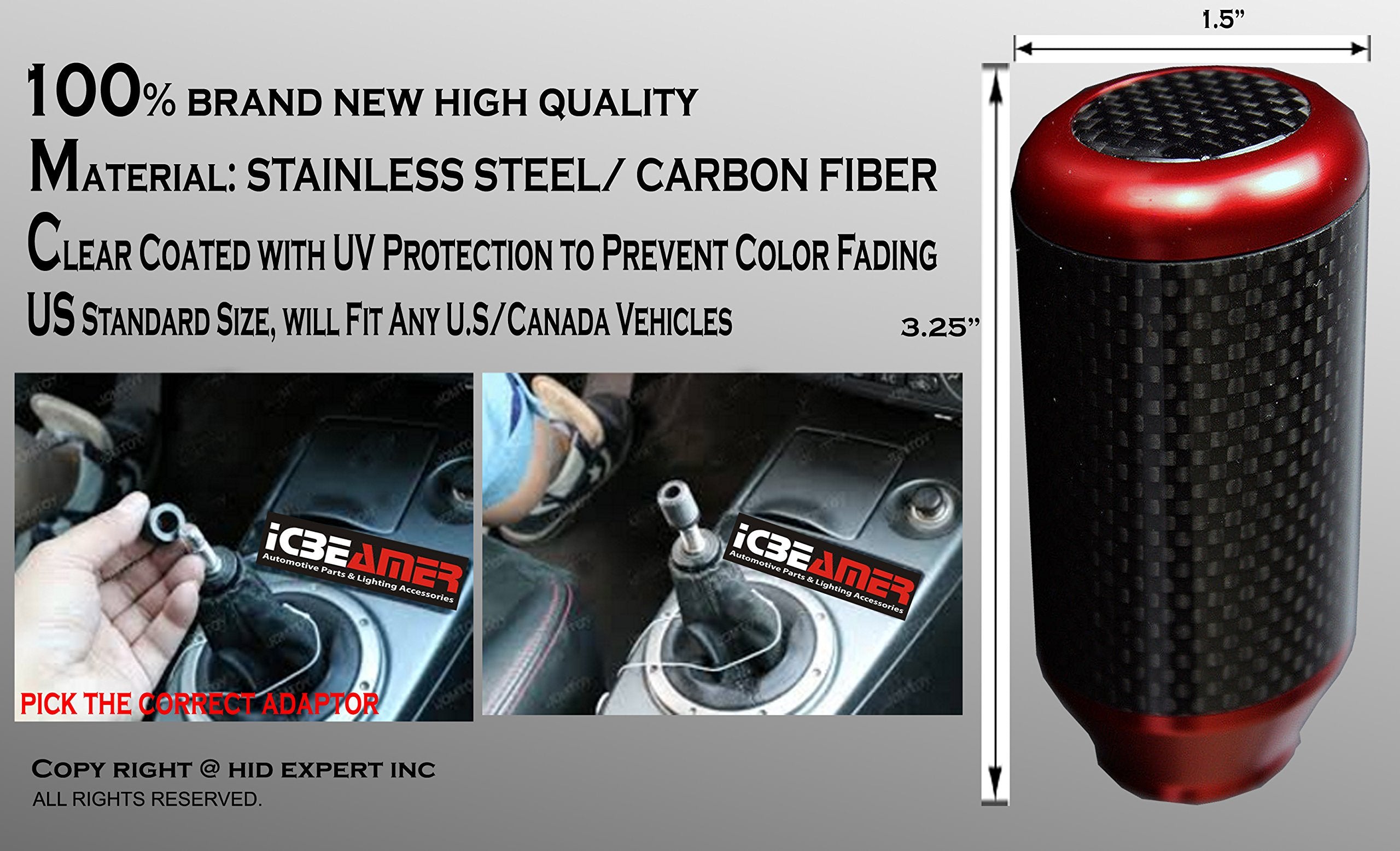 ICBEAMER Red Aluminum w/Carbon Fiber 3.25'' Shift Knob, Tall Fit Automatic and 4, 5 and 6 Speed Manual Transmission Vehicles, In