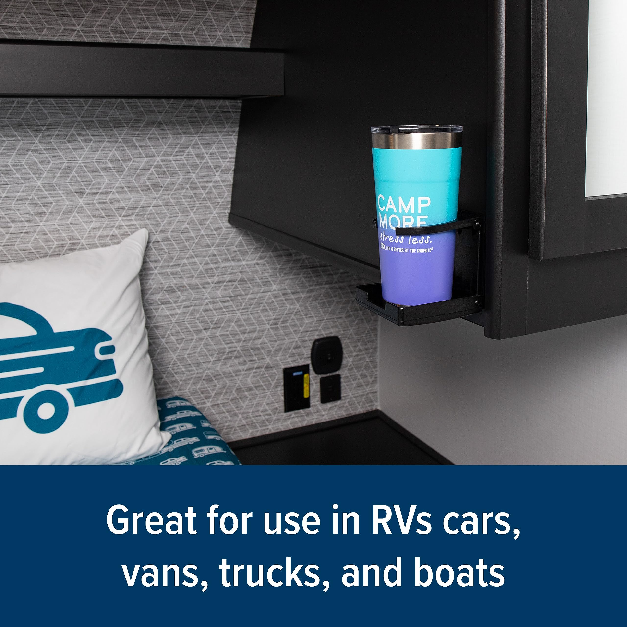 Camco Camper/Rv Drink Holder - Features Adjustable Space-Saving Design & Holds Almost Any Size Mug, Cup, Bottle Or Can - Extra Cup Holder For Cars, Trucks, Rvs, Vans, Boats, And More - Black (44044)