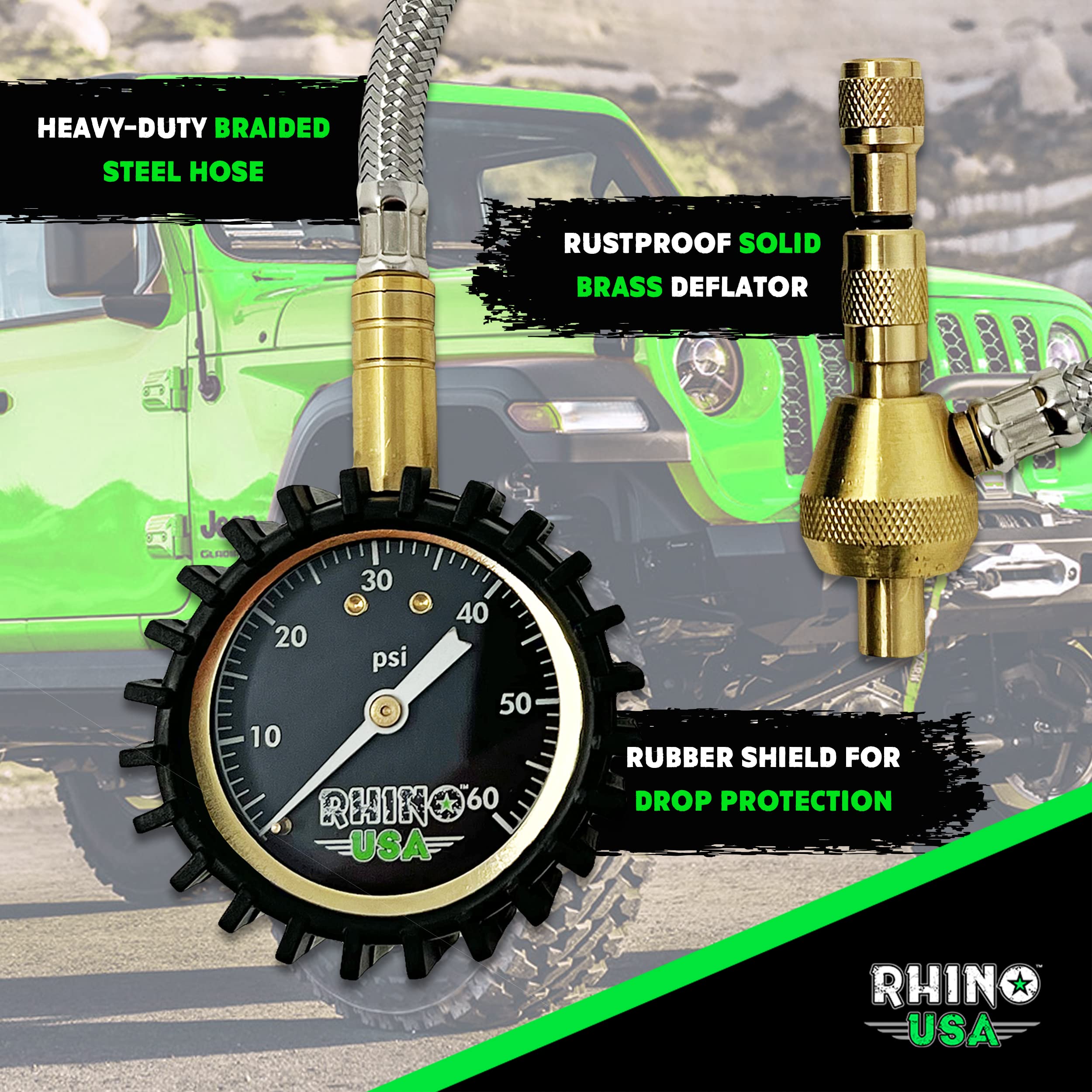 Rhino USA Rapid Tire Deflators with Gauge (0-60psi) Automatic & Adjustable Tire Air Down Tool - Large 2'' Easy Read Glow Dial &